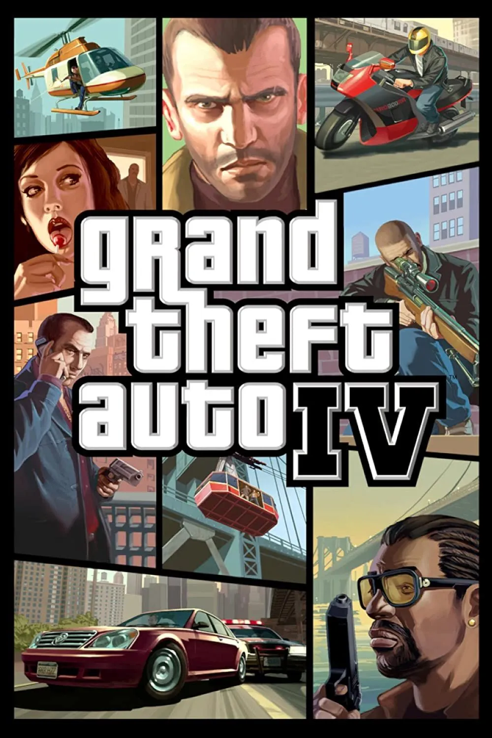 Bìa game Grand Theft Auto IV với Niko Bellic, phản ánh cốt truyện trưởng thành và u tối của tựa game open world này.