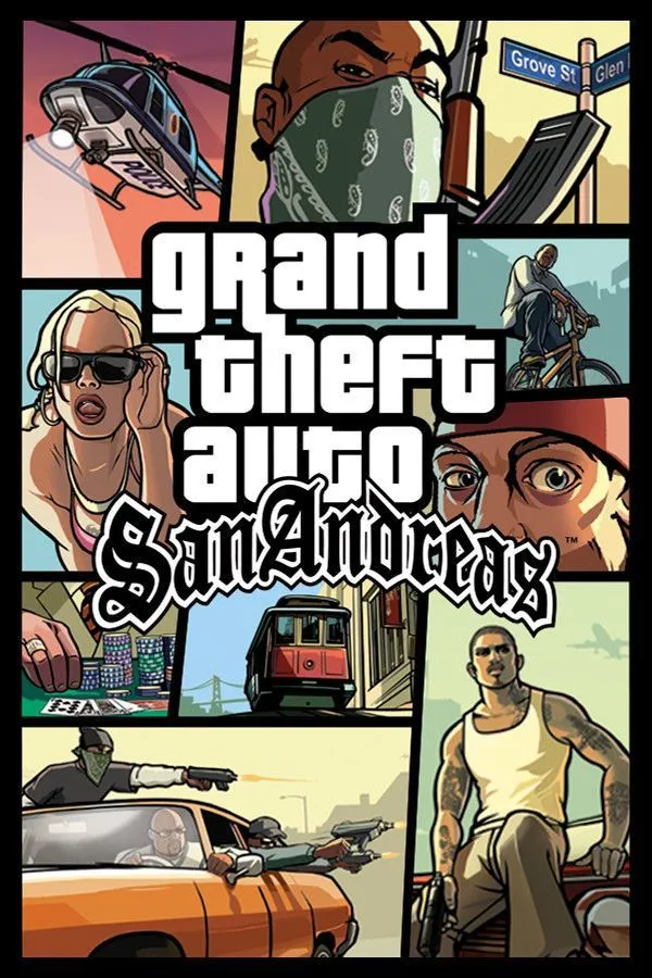 Bìa game Grand Theft Auto: San Andreas, hình ảnh của CJ và băng đảng Grove Street Families, một huyền thoại của dòng game open world.