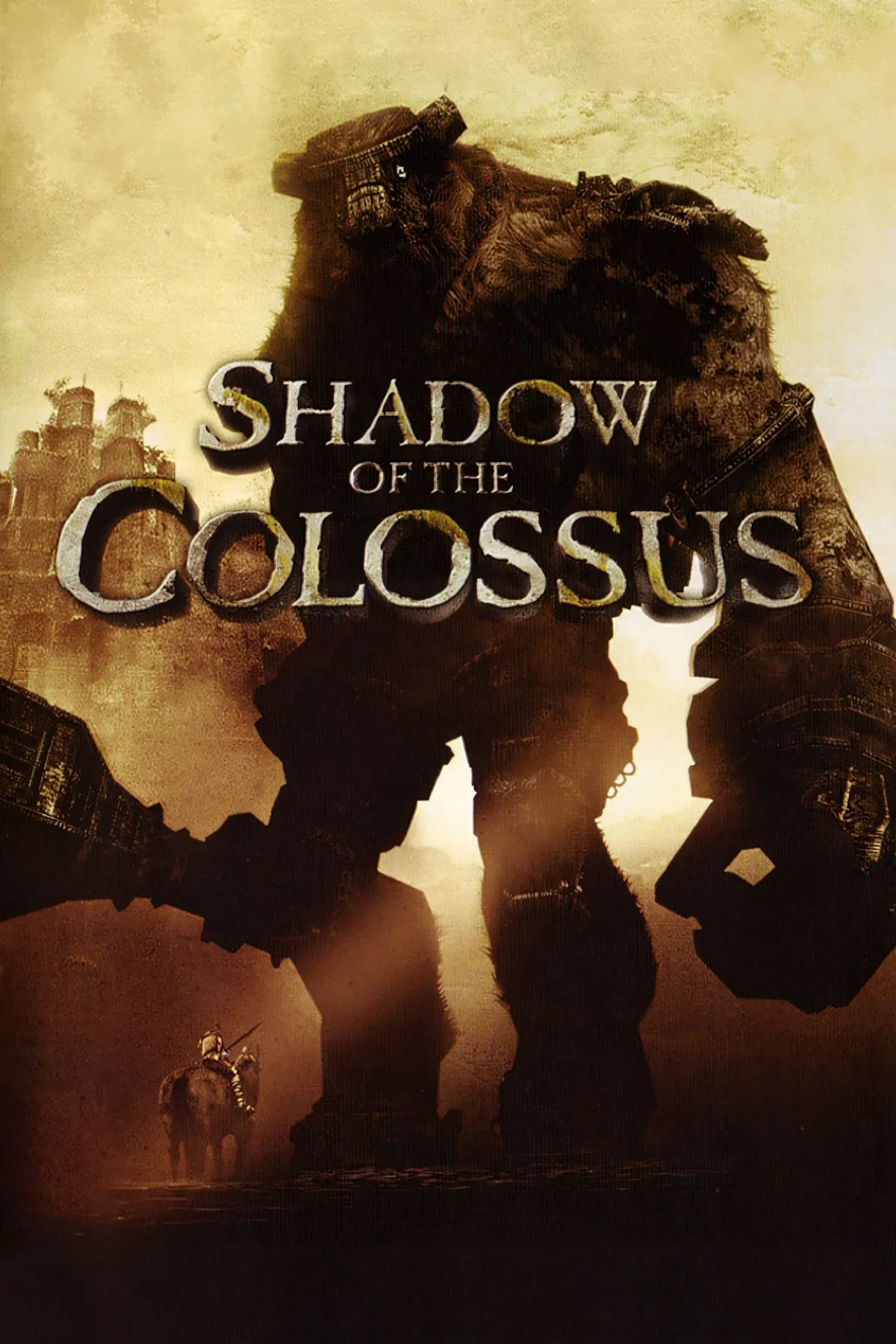 Bìa game Shadow of the Colossus, thể hiện khung cảnh hùng vĩ và nhân vật chính Wander cùng ngựa Agro.