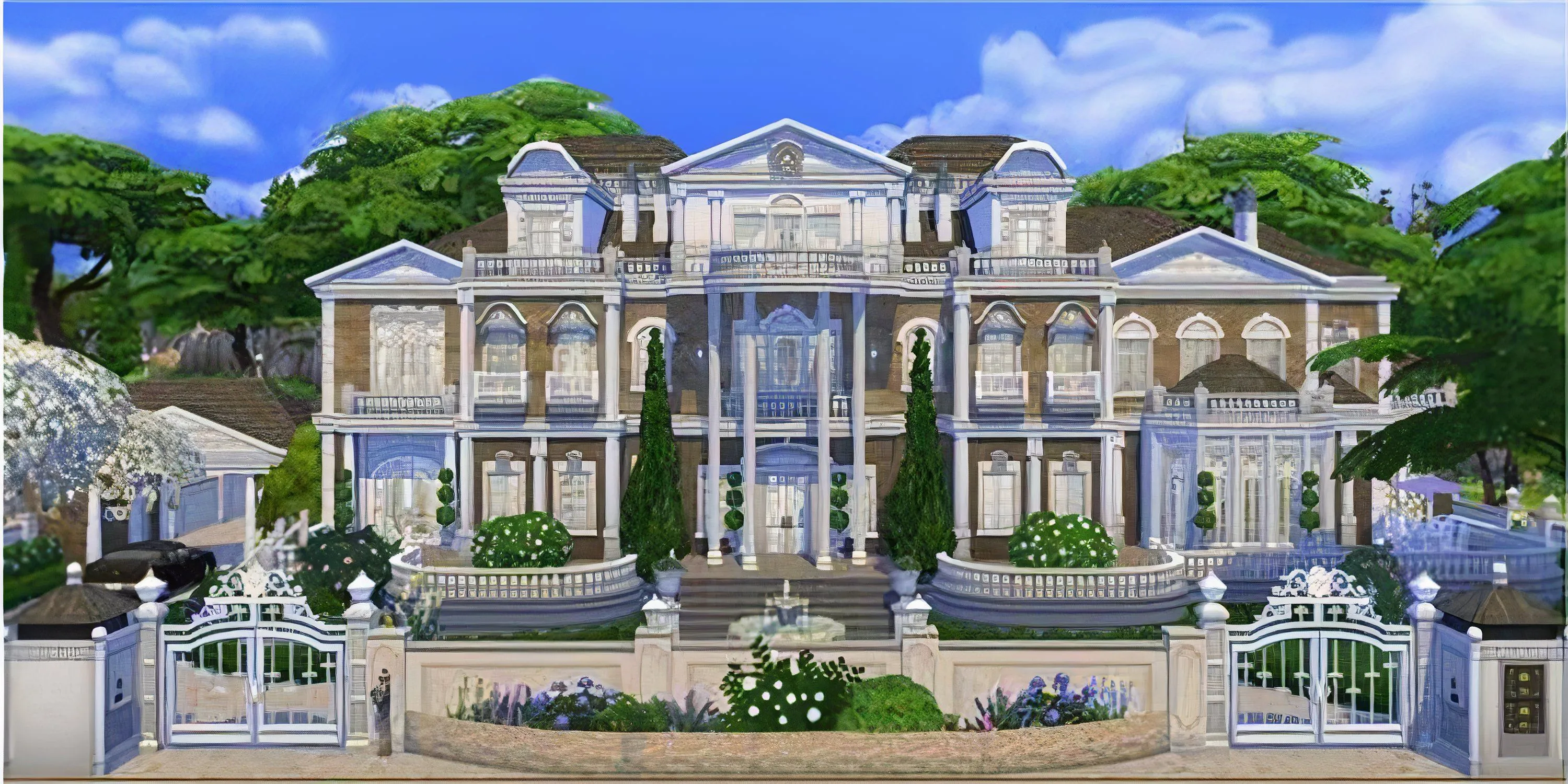 Biệt thự Oakenstead rộng lớn tại Willow Creek, The Sims 4, với khuôn viên xanh mát và kiến trúc sang trọng.
