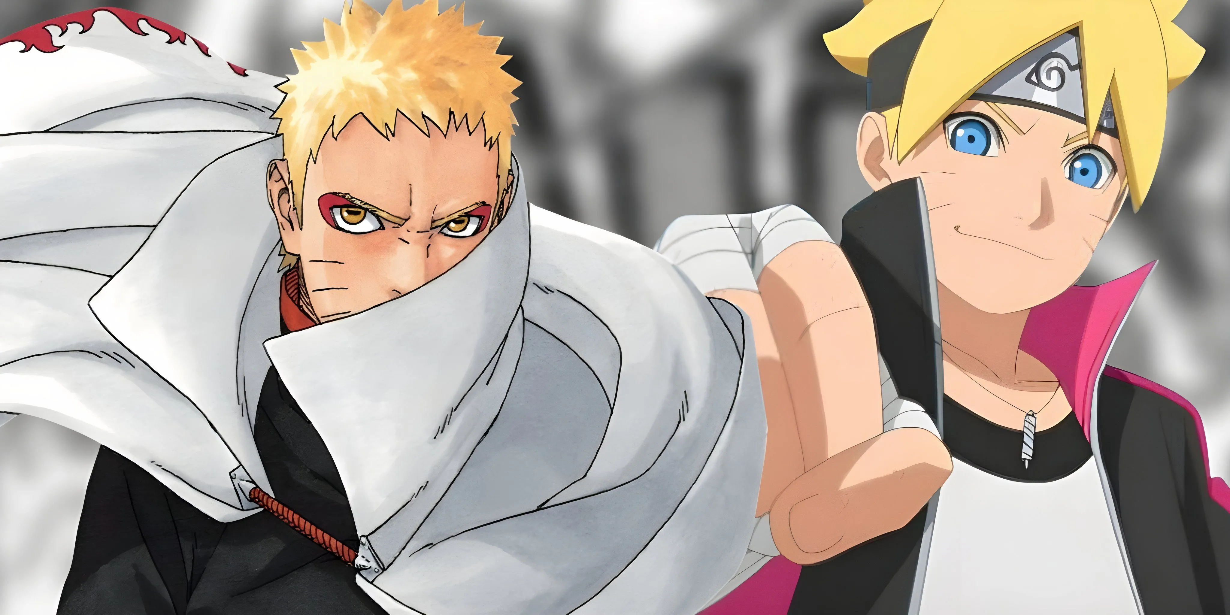 Boruto Uzumaki và Naruto Uzumaki sánh đôi, tượng trưng cho mối quan hệ thầy trò và cha con trong series.