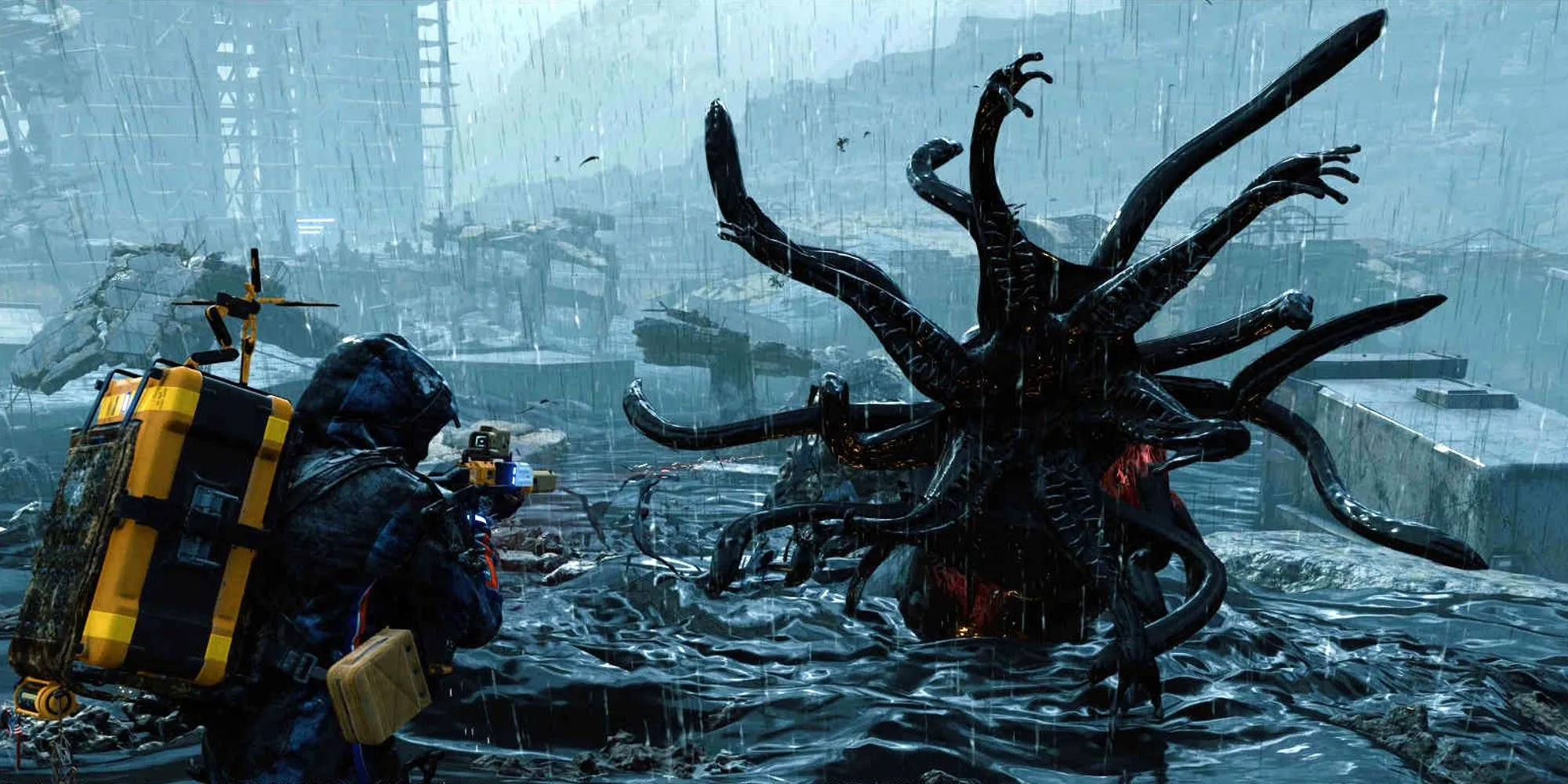 BT Catcher tấn công Sam Bridges dưới nước trong Death Stranding, thể hiện yếu tố chiến đấu xen kẽ trong game