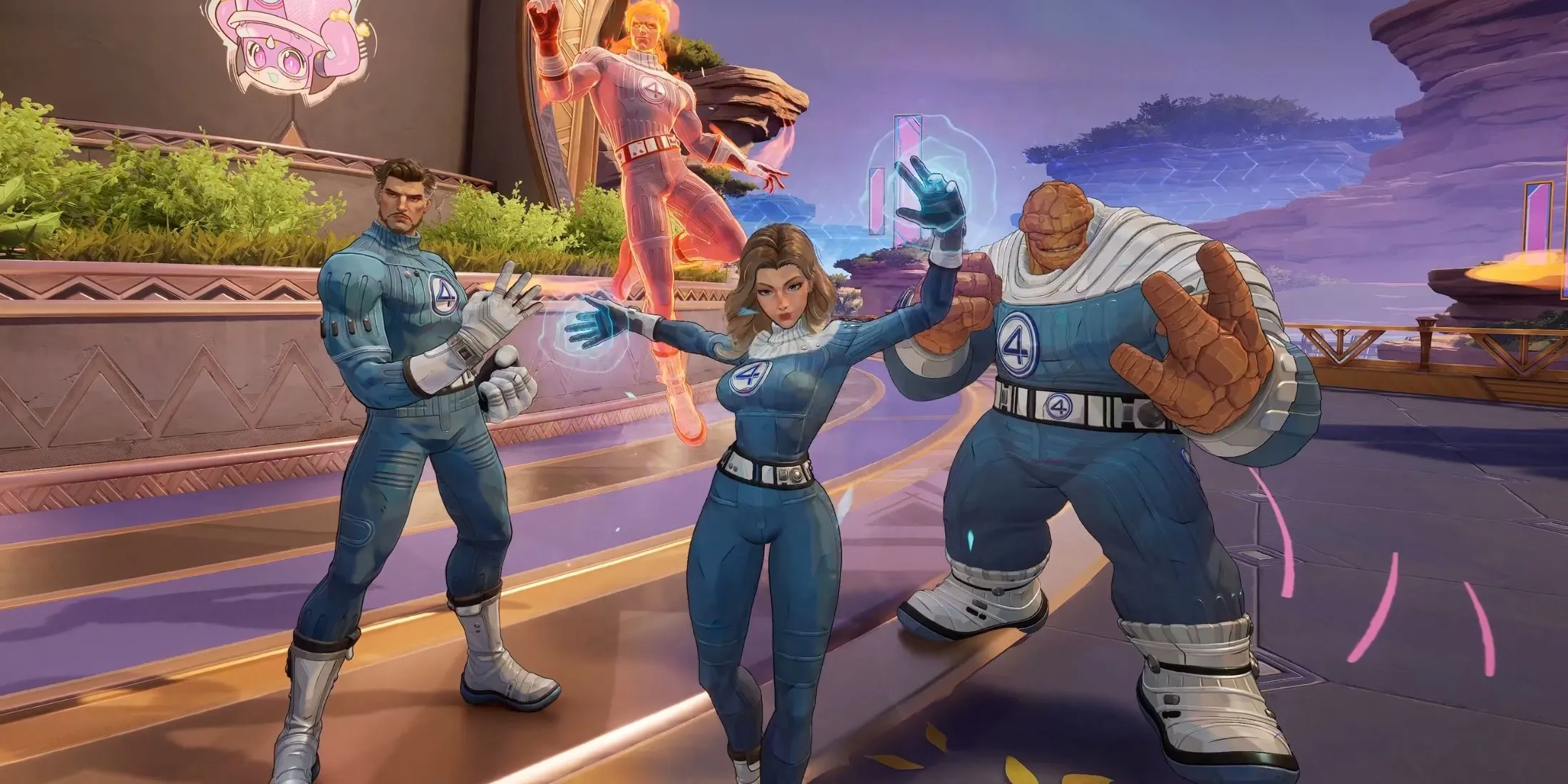 Các nhân vật Fantastic Four với trang phục từ phim First Steps trong Marvel Rivals và Fortnite