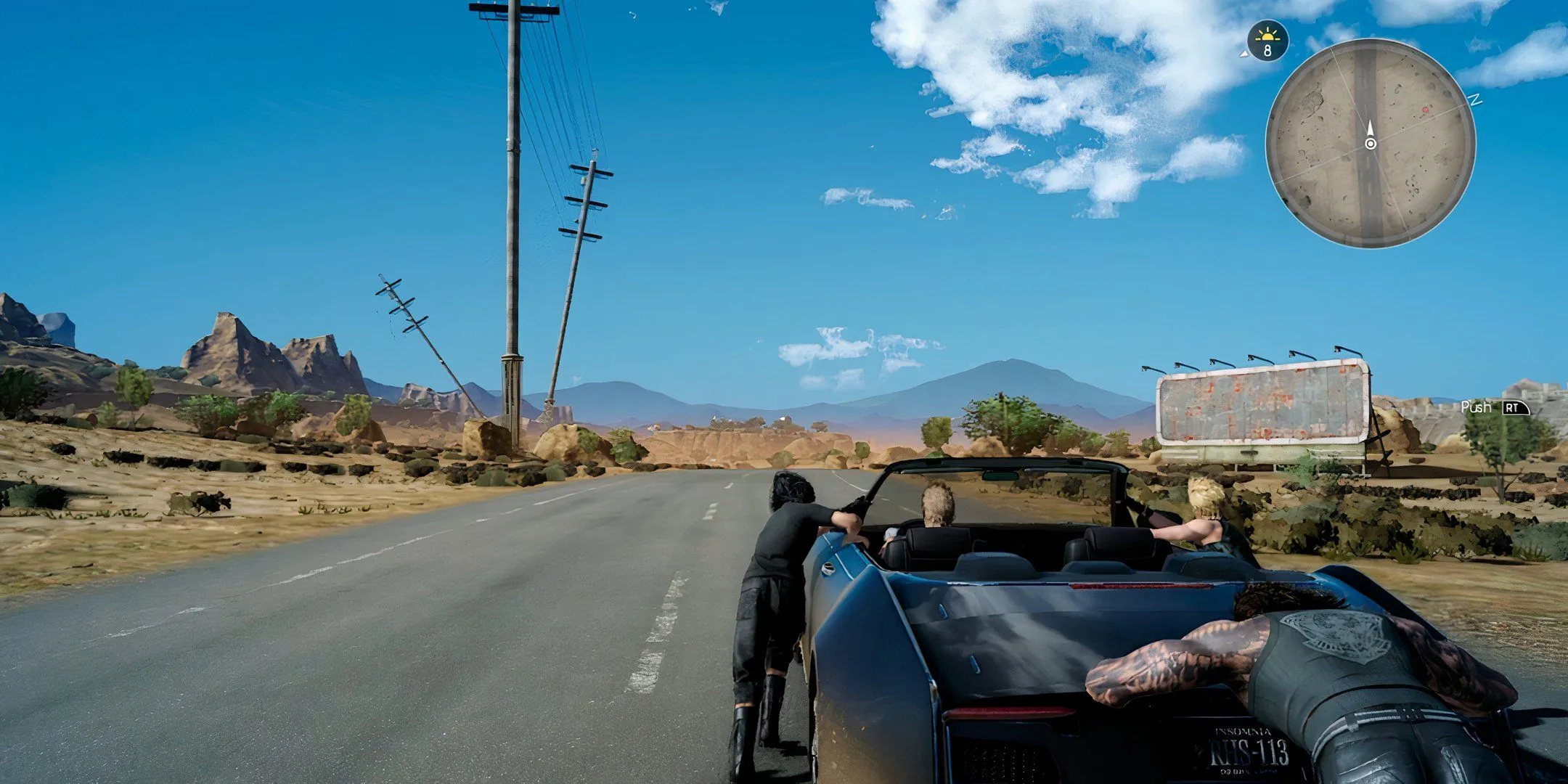 Cảnh đầu game Final Fantasy 15 với các nhân vật chính đang đẩy xe