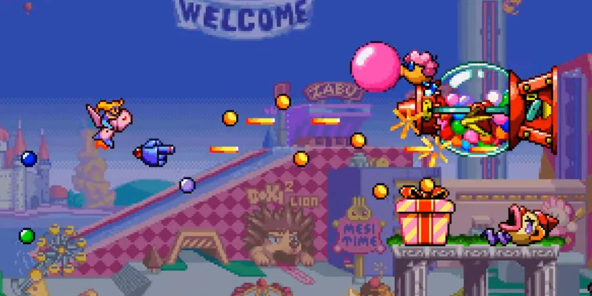 Cảnh gameplay bắn hạ kẻ thù trong Harmful Park, một tựa game 'cute 'em up' độc đáo trên PS1.