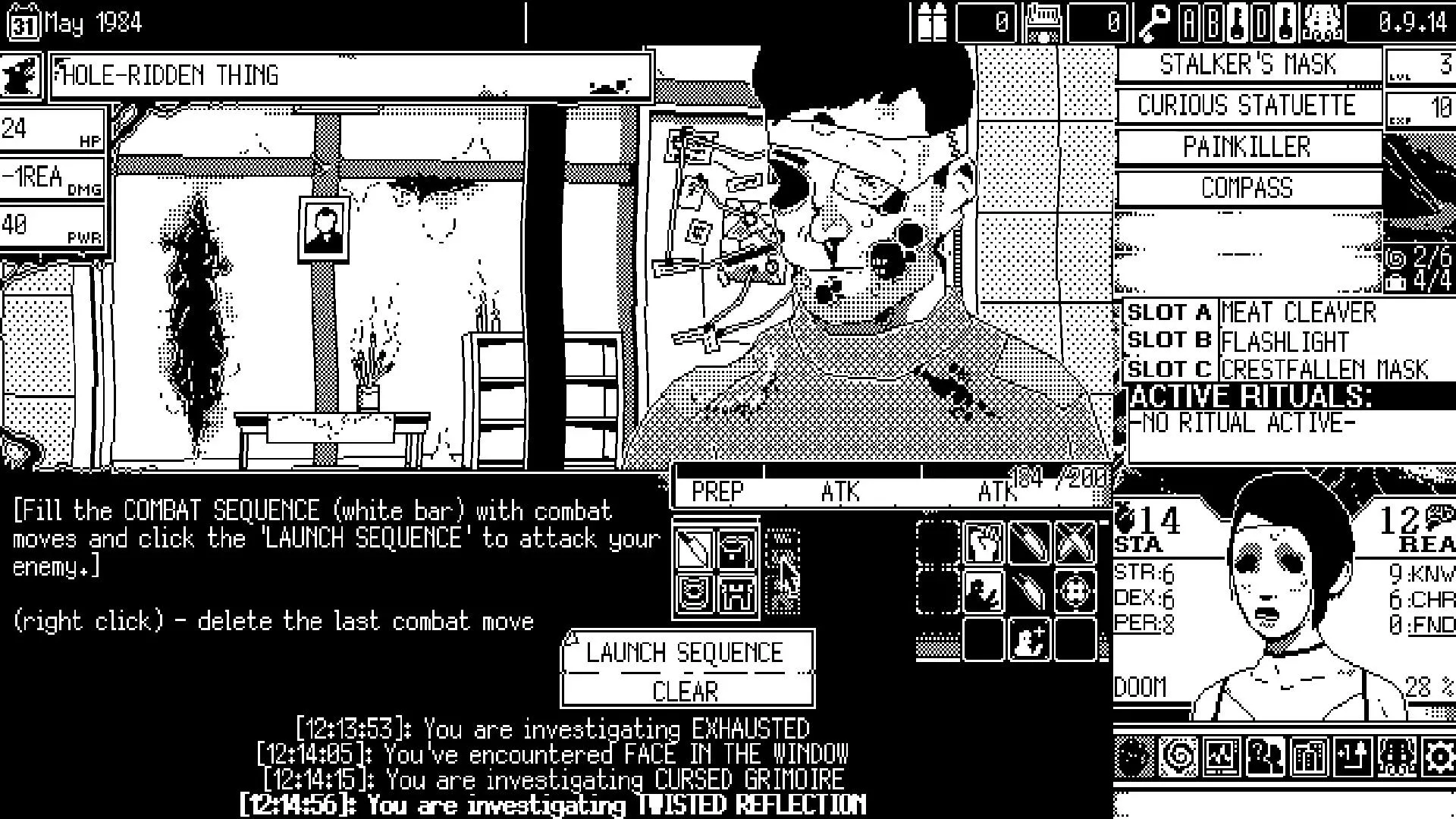 Cảnh gameplay trong World of Horror, hiển thị giao diện chiến đấu và nhân vật theo phong cách pixel 1-bit đen trắng