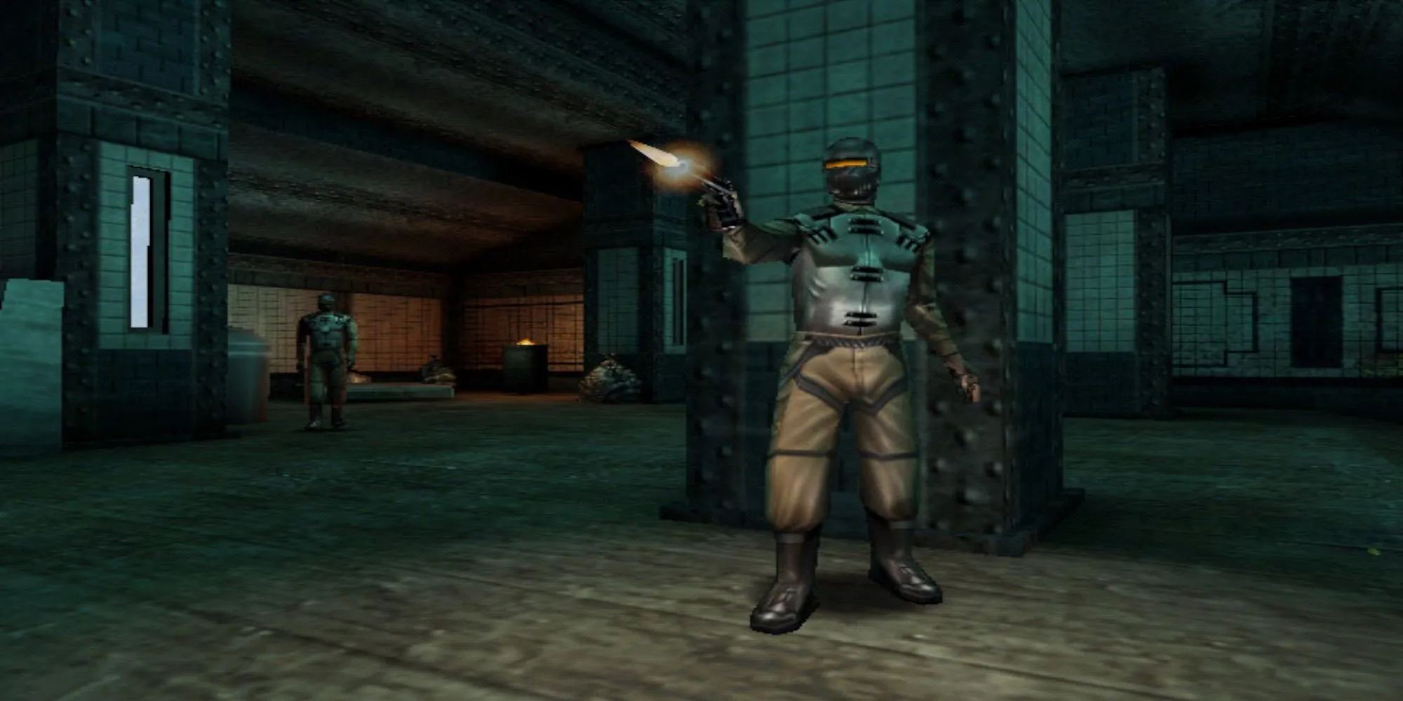 Cảnh gameplay từ game Deus Ex trên PS2, một game nhập vai hành động góc nhìn thứ nhất