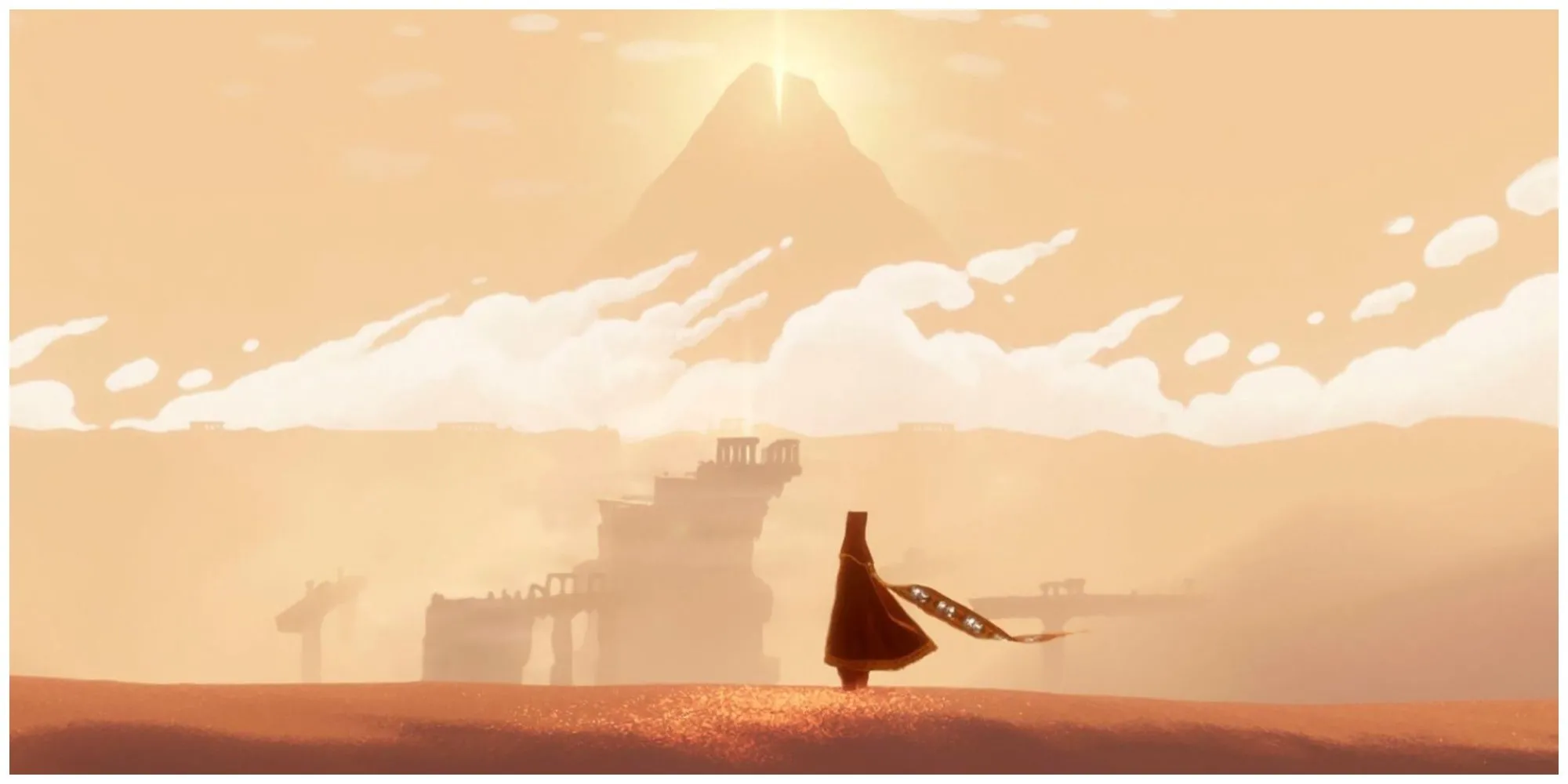 Cảnh quan tuyệt đẹp trong tựa game Journey, một ví dụ về game có yếu tố kết nối gián tiếp tương tự Strand Game