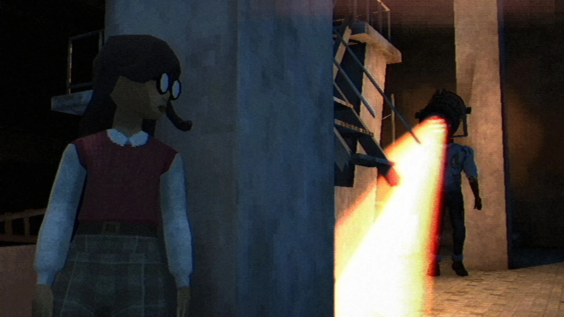 Cảnh trong game Fear the Spotlight với một hành lang trường học rùng rợn và hiệu ứng ánh sáng