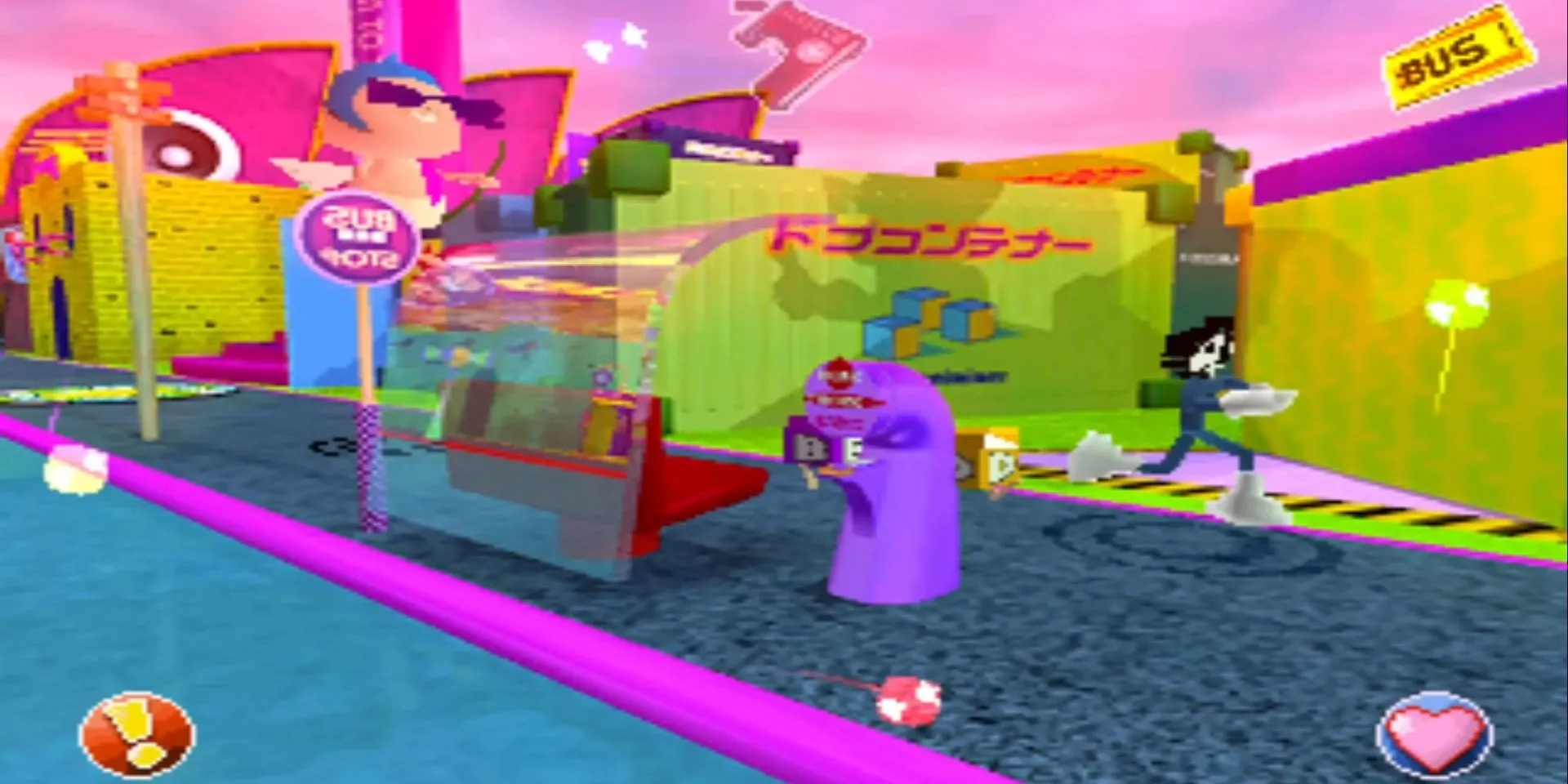 Cảnh trong game Planet Dob, thể hiện phong cách hình ảnh độc đáo và kỳ quặc của tựa game âm nhạc này trên PS1.