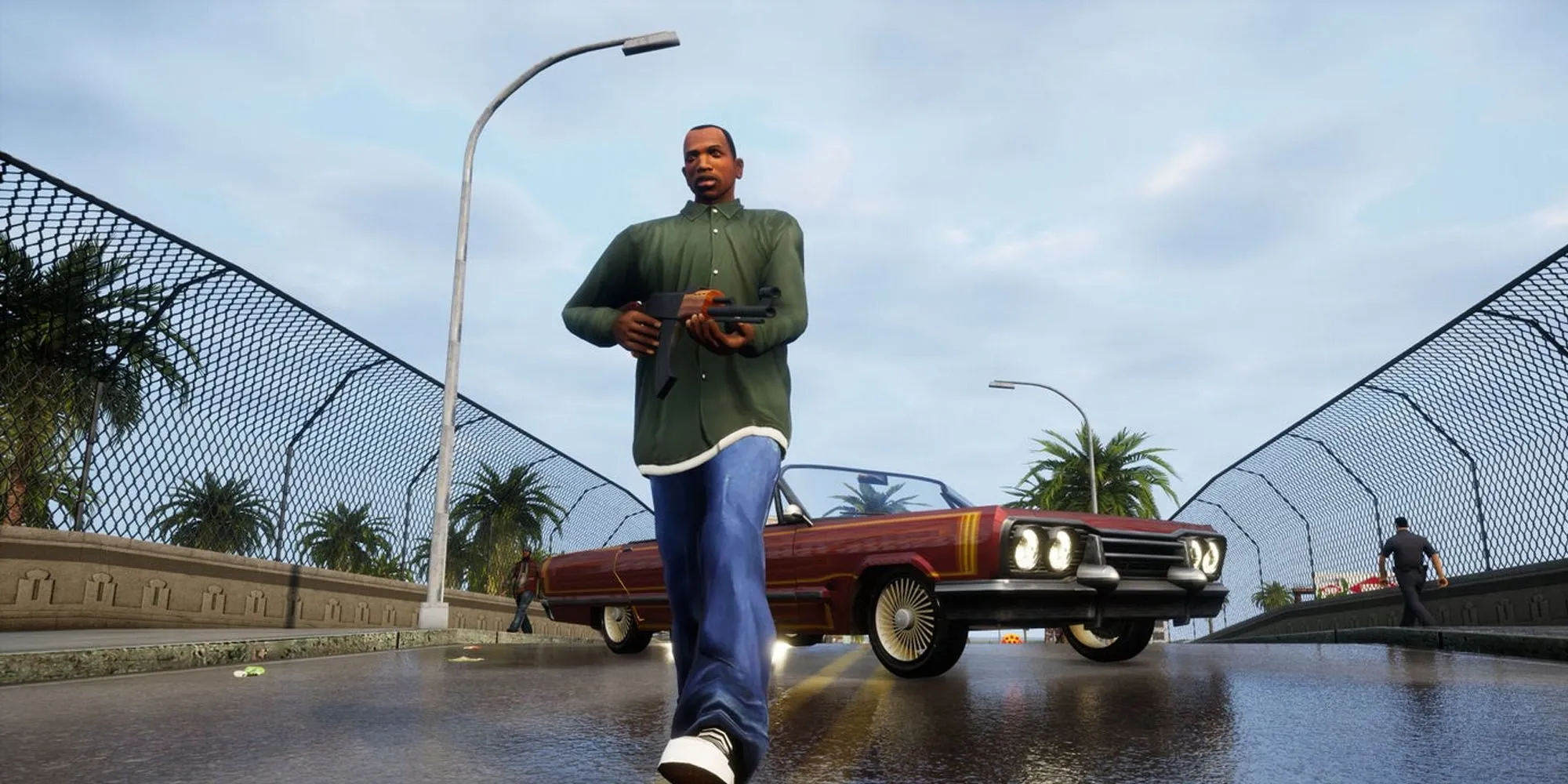 Carl Johnson (CJ) đứng trước chiếc xe trong Grand Theft Auto: San Andreas, thể hiện phong cách tự do và khám phá thế giới rộng lớn.
