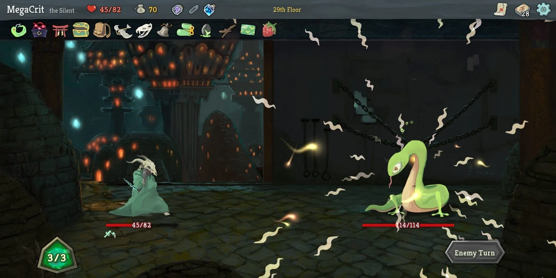 Chiến đấu với một con rắn khổng lồ trong game thẻ bài Slay the Spire