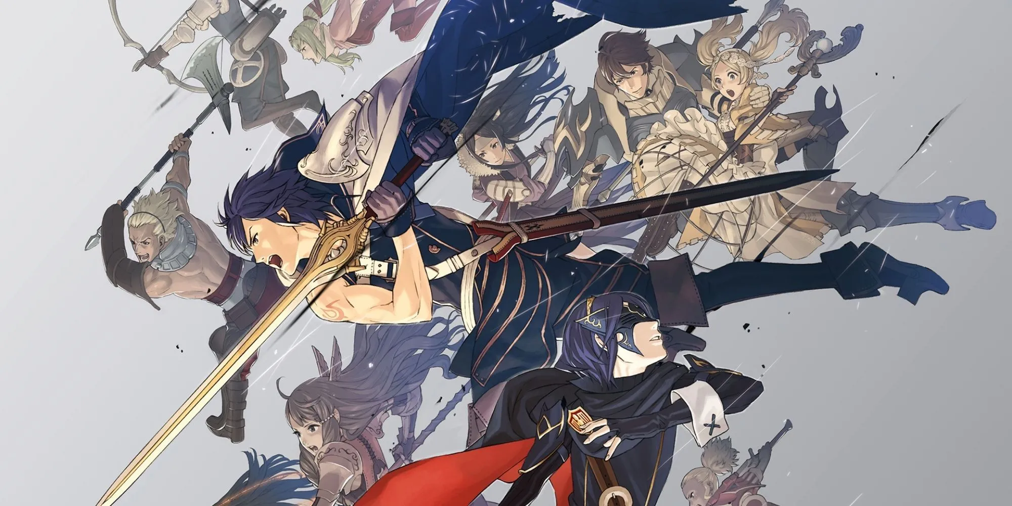 Dàn nhân vật chính của Fire Emblem Awakening với vũ khí sẵn sàng chiến đấu.