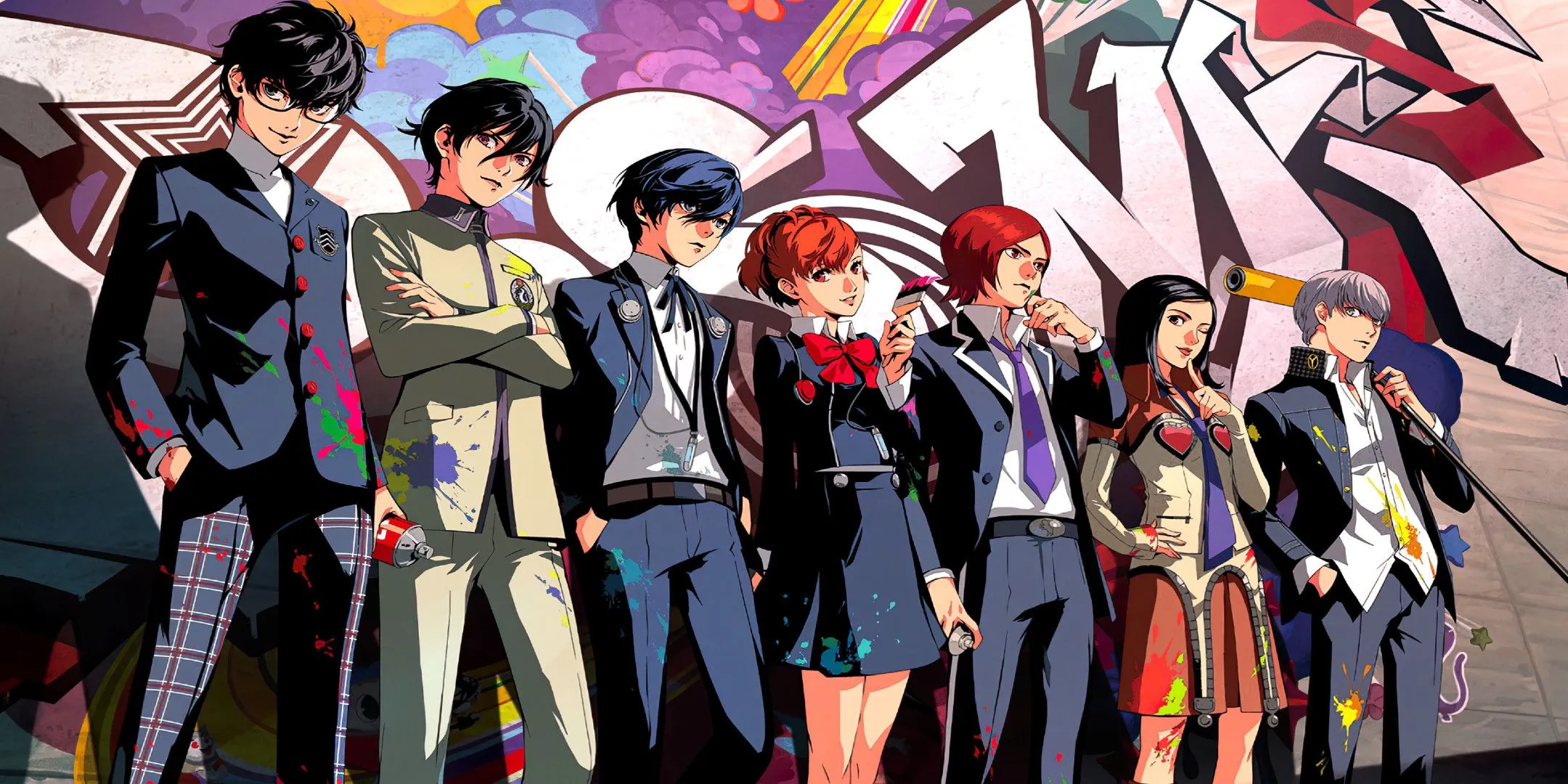 Dàn nhân vật chính của series Persona đứng trước bức tường graffiti, tượng trưng cho thế giới nội tâm phức tạp.