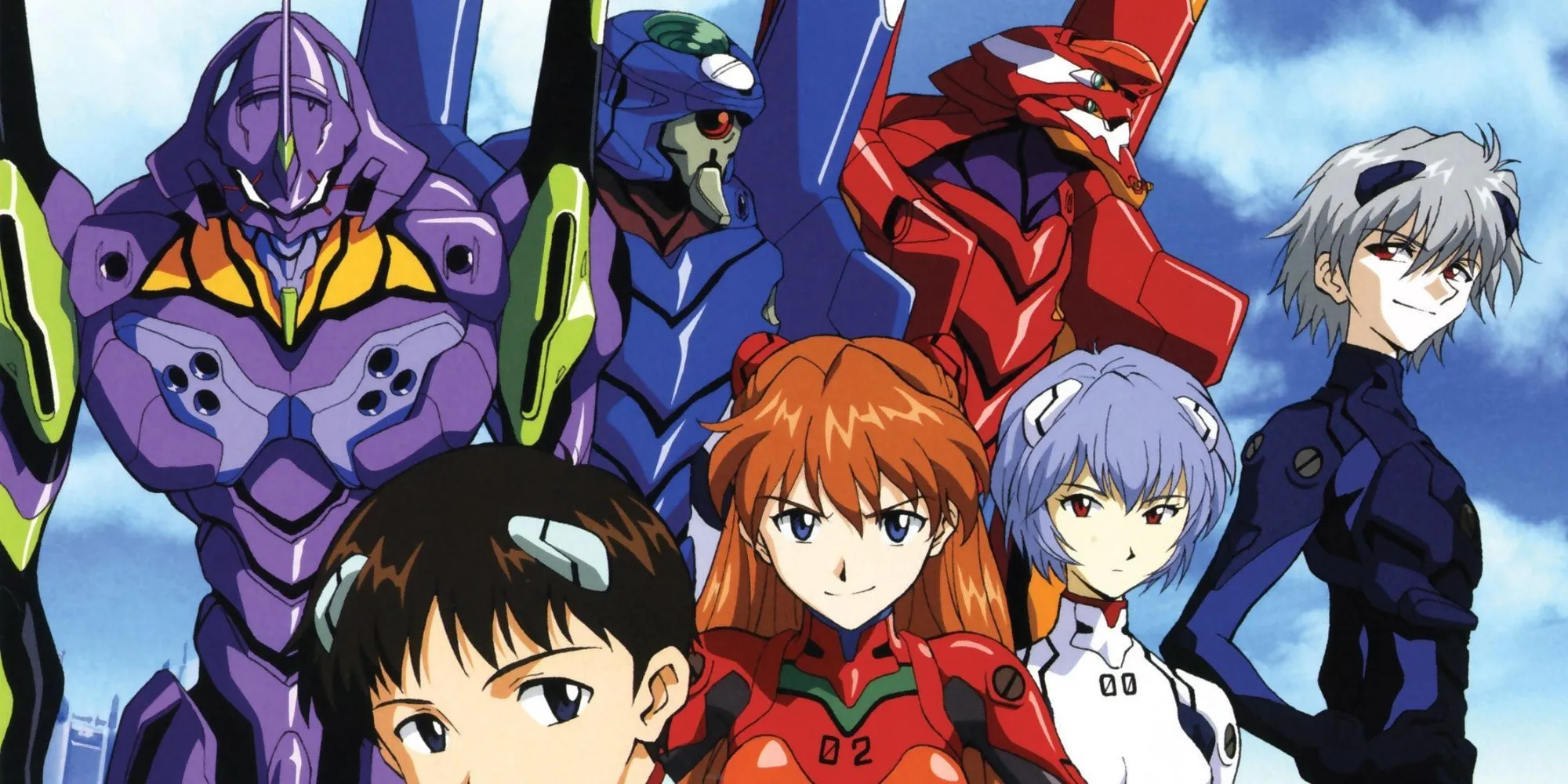 Dàn nhân vật chính cùng với các cỗ máy Evangelion biểu tượng của họ trong Neon Genesis Evangelion.