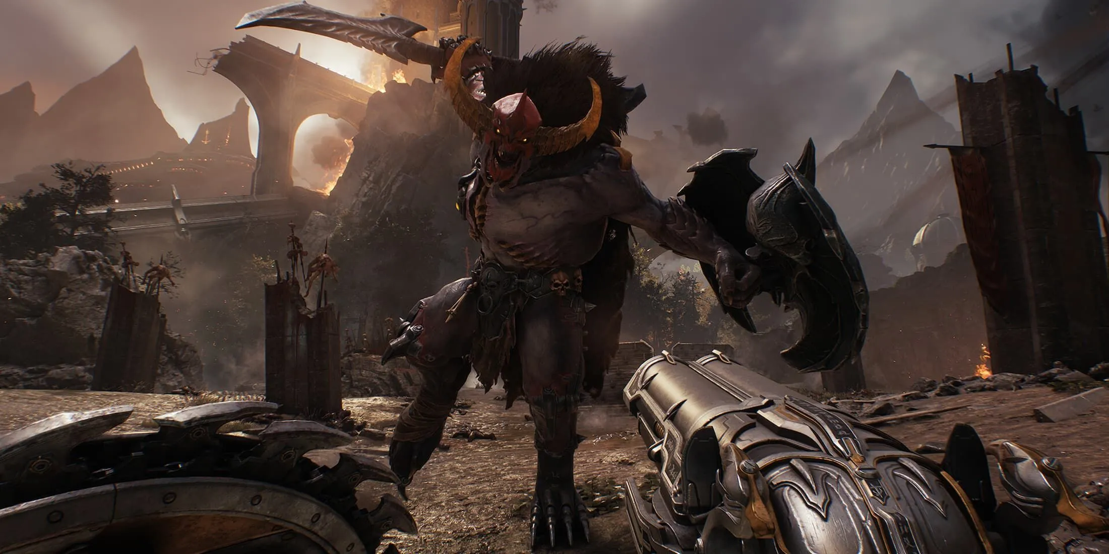 Doom Slayer với khiên và Super Shotgun sẵn sàng chiến đấu trong Doom: The Dark Ages