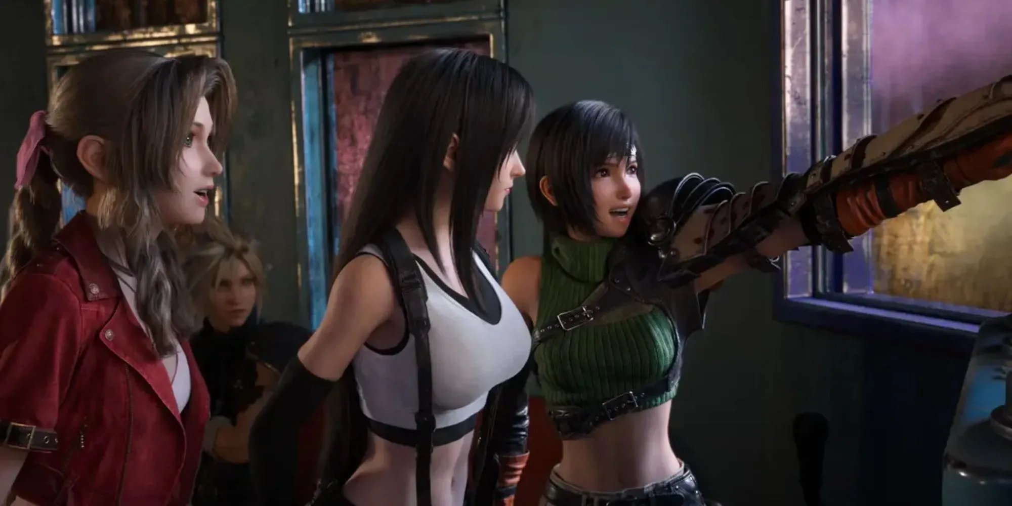 Final Fantasy VII Rebirth với đồ họa 3D chân thực, Cloud và các nhân vật khác nhìn ra cảnh rộng lớn