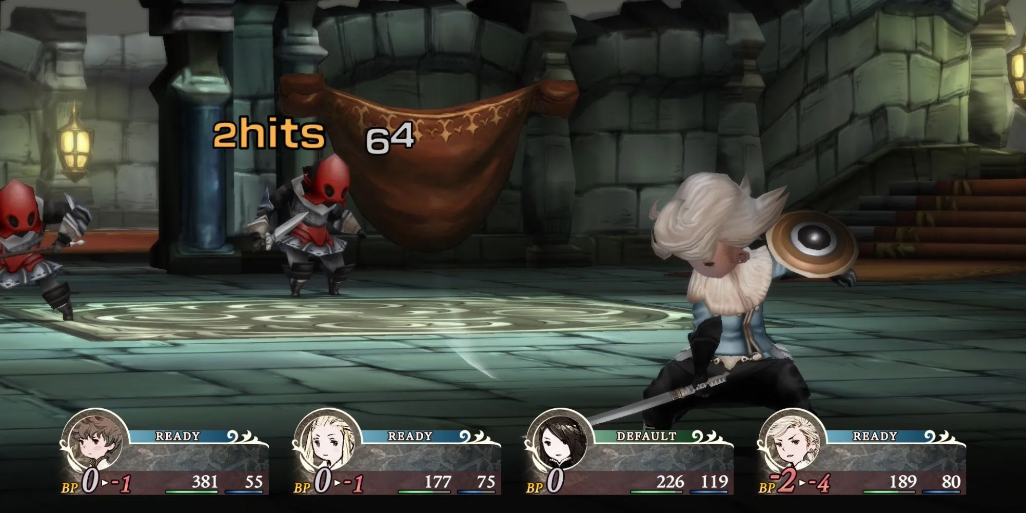 Giao diện chiến đấu một màn hình của Bravely Default HD Remaster trên Switch 2