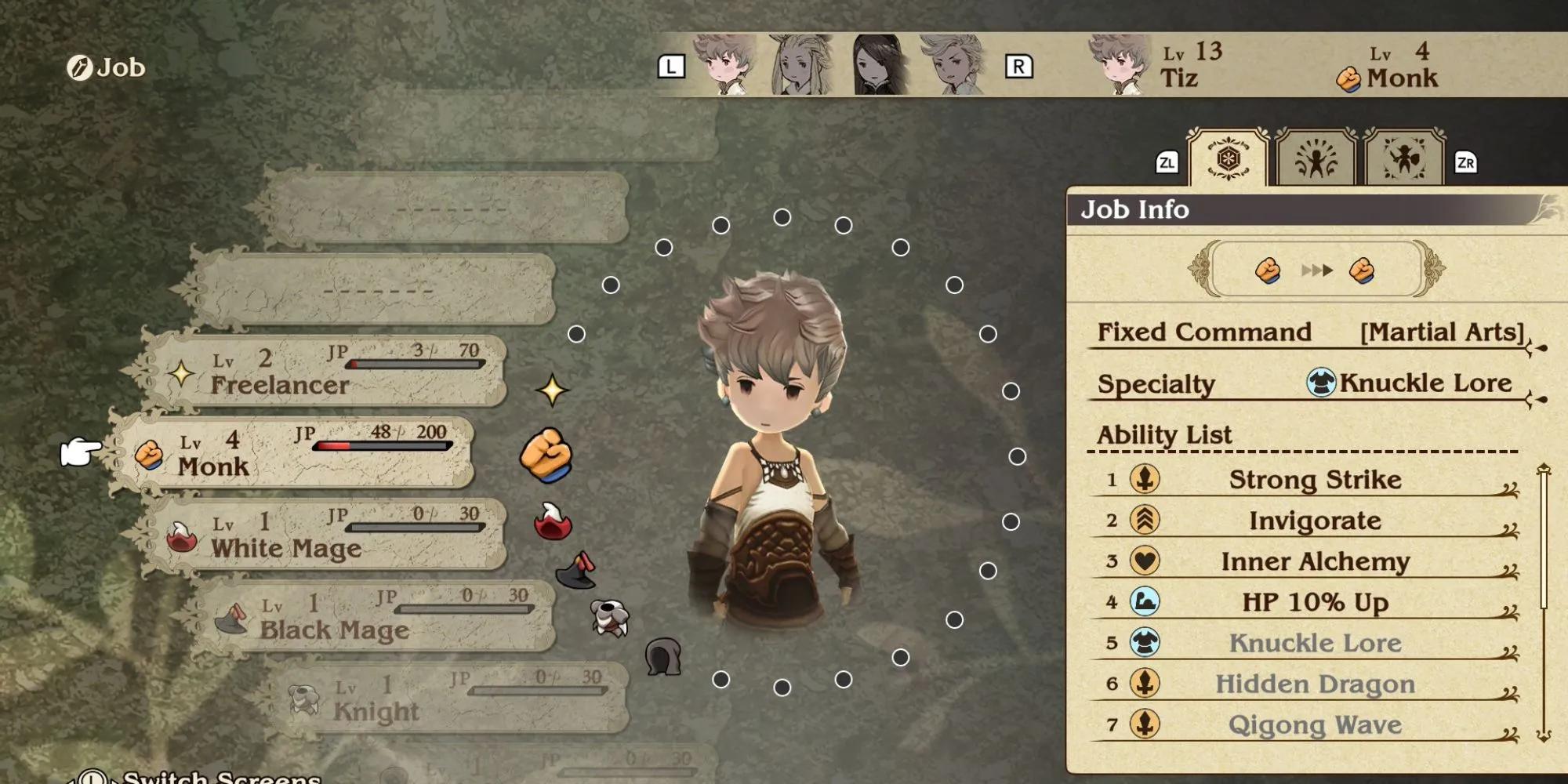 Giao diện chọn Job (Nghề nghiệp) trong game Bravely Default HD Remaster, minh họa sự đa dạng