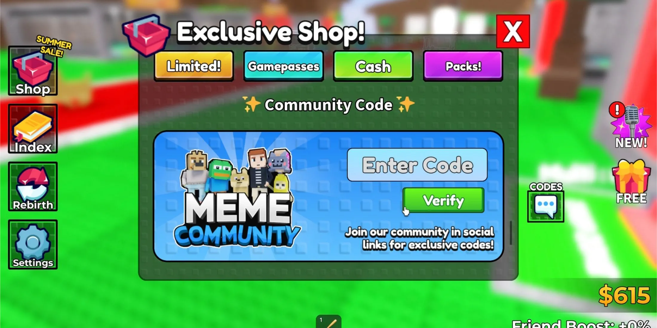 Giao diện đổi code trong game Steal a Meme, minh họa vị trí nhập mã quà tặng Cash