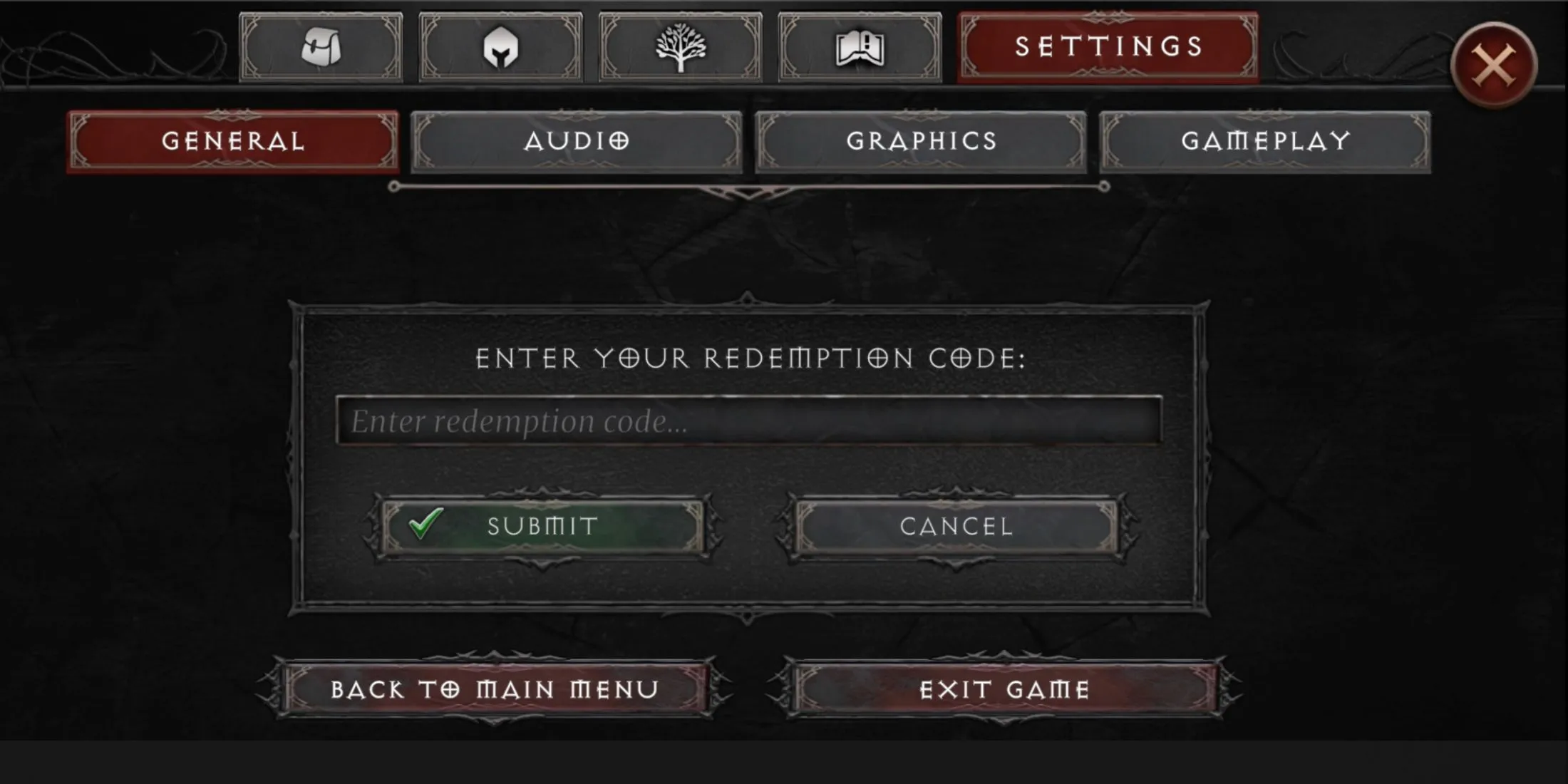Giao diện nhập mã code nhận quà trong Vampire’s Fall 2