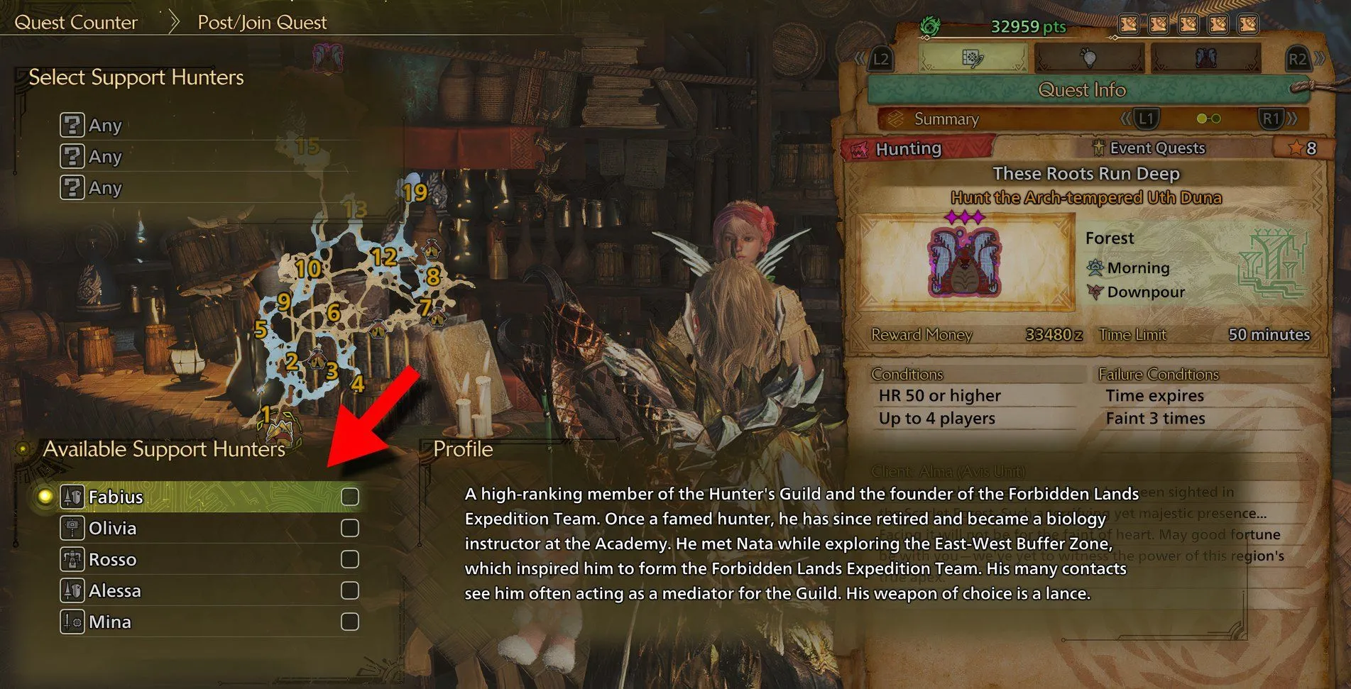 Giao diện tuyển chọn Fabius làm Support Hunter trong Monster Hunter Wilds