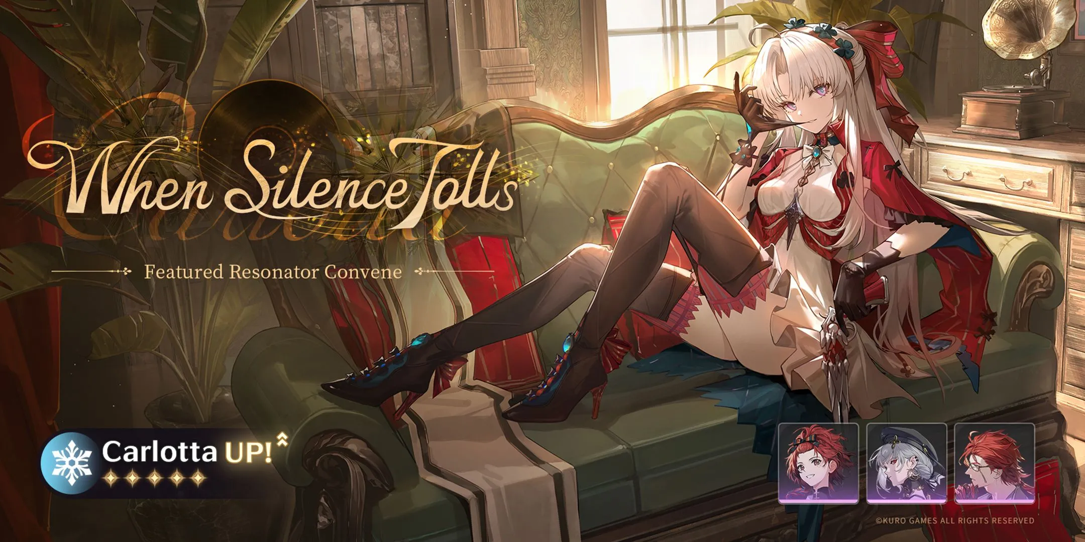 Hình ảnh banner của Resonator Carlotta và vũ khí độc quyền The Last Dance trong Wuthering Waves phiên bản 2.0 Giai đoạn 1