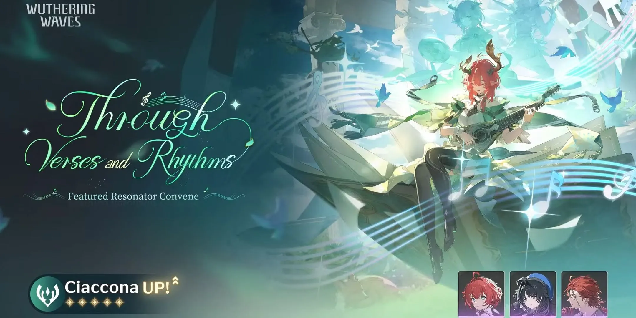 Hình ảnh banner của Resonator Ciaccona và vũ khí độc quyền Woodland Aria trong Wuthering Waves phiên bản 2.3 Giai đoạn 2