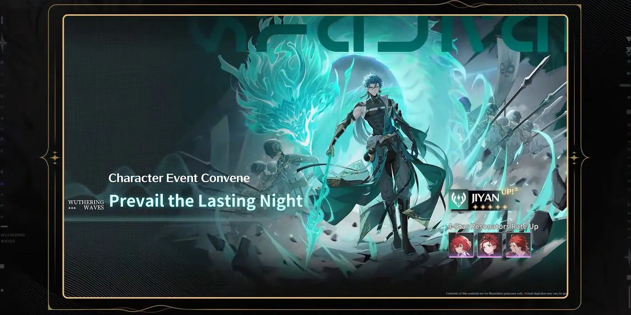 Hình ảnh banner của Resonator Jiyan và vũ khí độc quyền Verdant Summit trong Wuthering Waves phiên bản 1.0 Giai đoạn 1