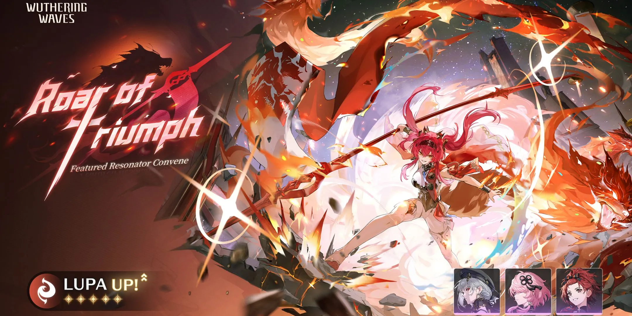 Hình ảnh banner của Resonator Lupa và vũ khí độc quyền Wildfire Mark trong Wuthering Waves phiên bản 2.4 Giai đoạn 2