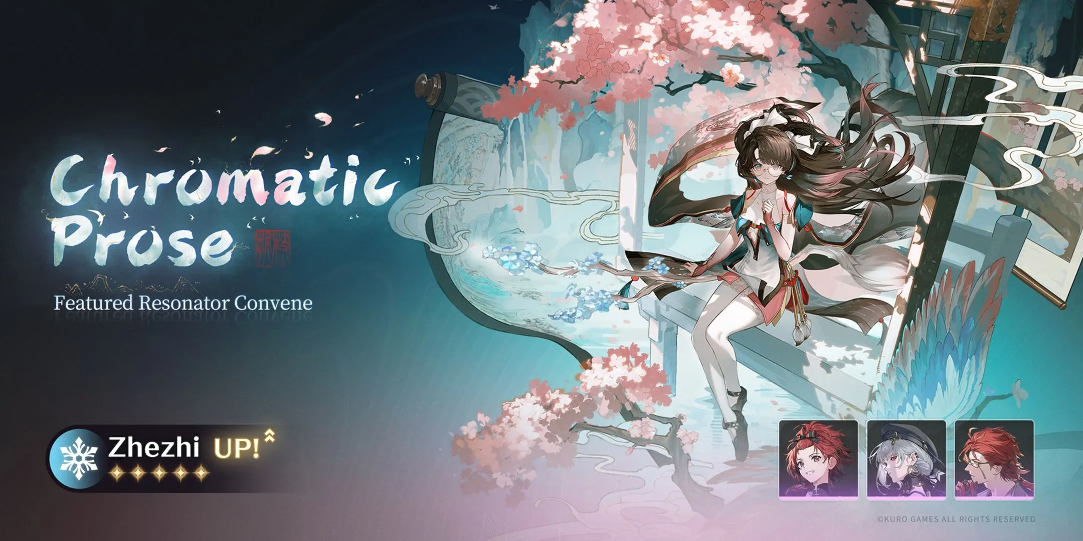 Hình ảnh banner của Resonator Zhezhi và vũ khí độc quyền Rime-Draped Sprouts trong Wuthering Waves phiên bản 2.0 Giai đoạn 1