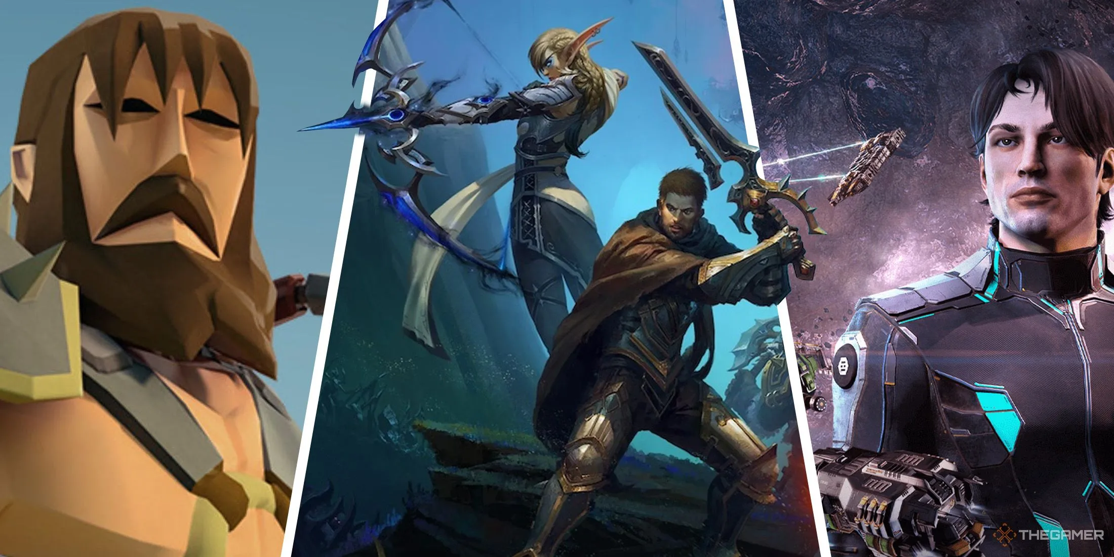 Hình ảnh cắt ghép từ các MMORPG lớn như Old School Runescape, World of Warcraft và Eve Online, minh họa sự đa dạng của các thế giới ảo đông đúc người chơi