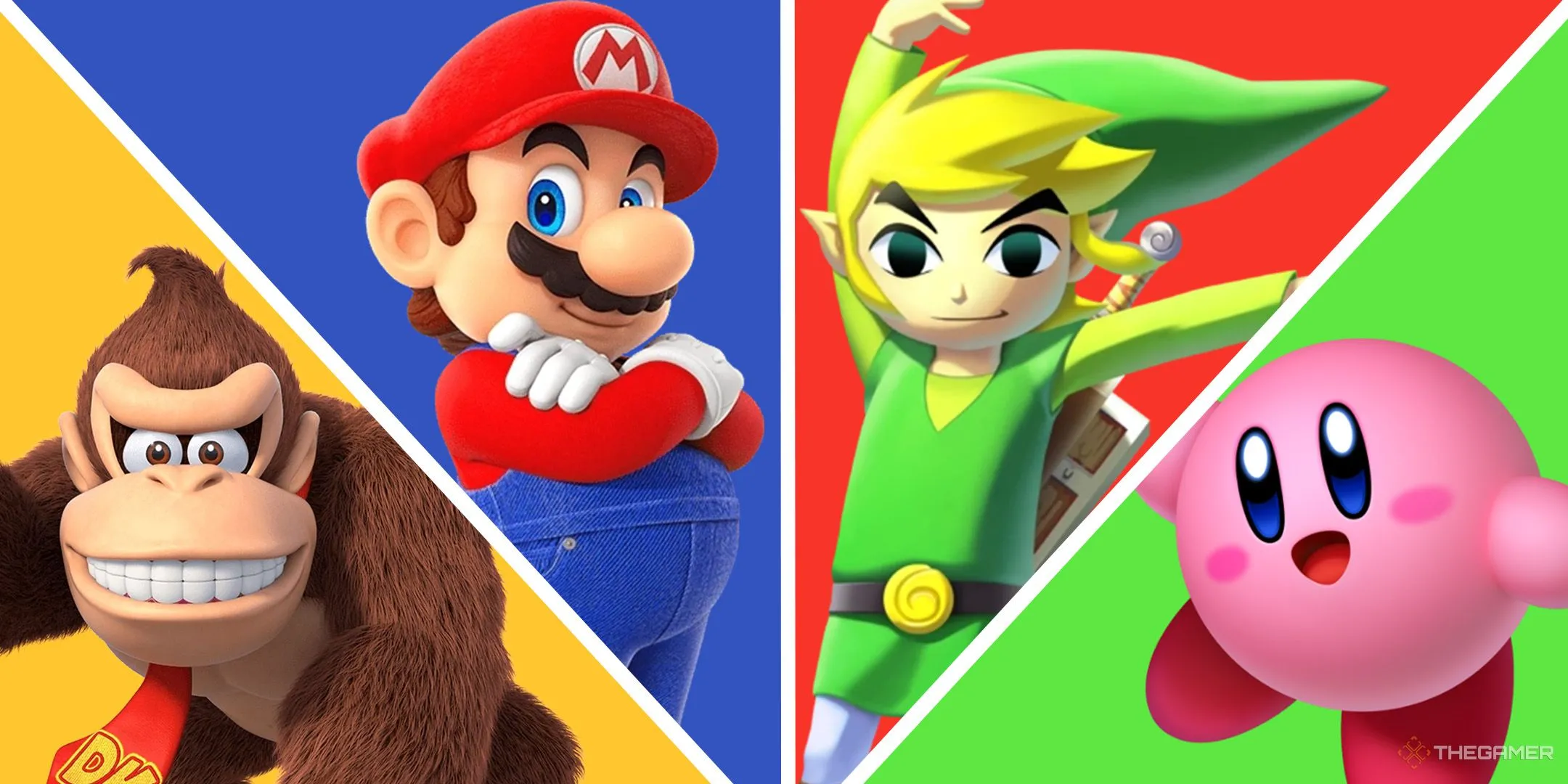 Hình ảnh chia đôi các IP của Nintendo: Từ trái sang phải là Donkey Kong, Mario, Toon Link và Kirby.