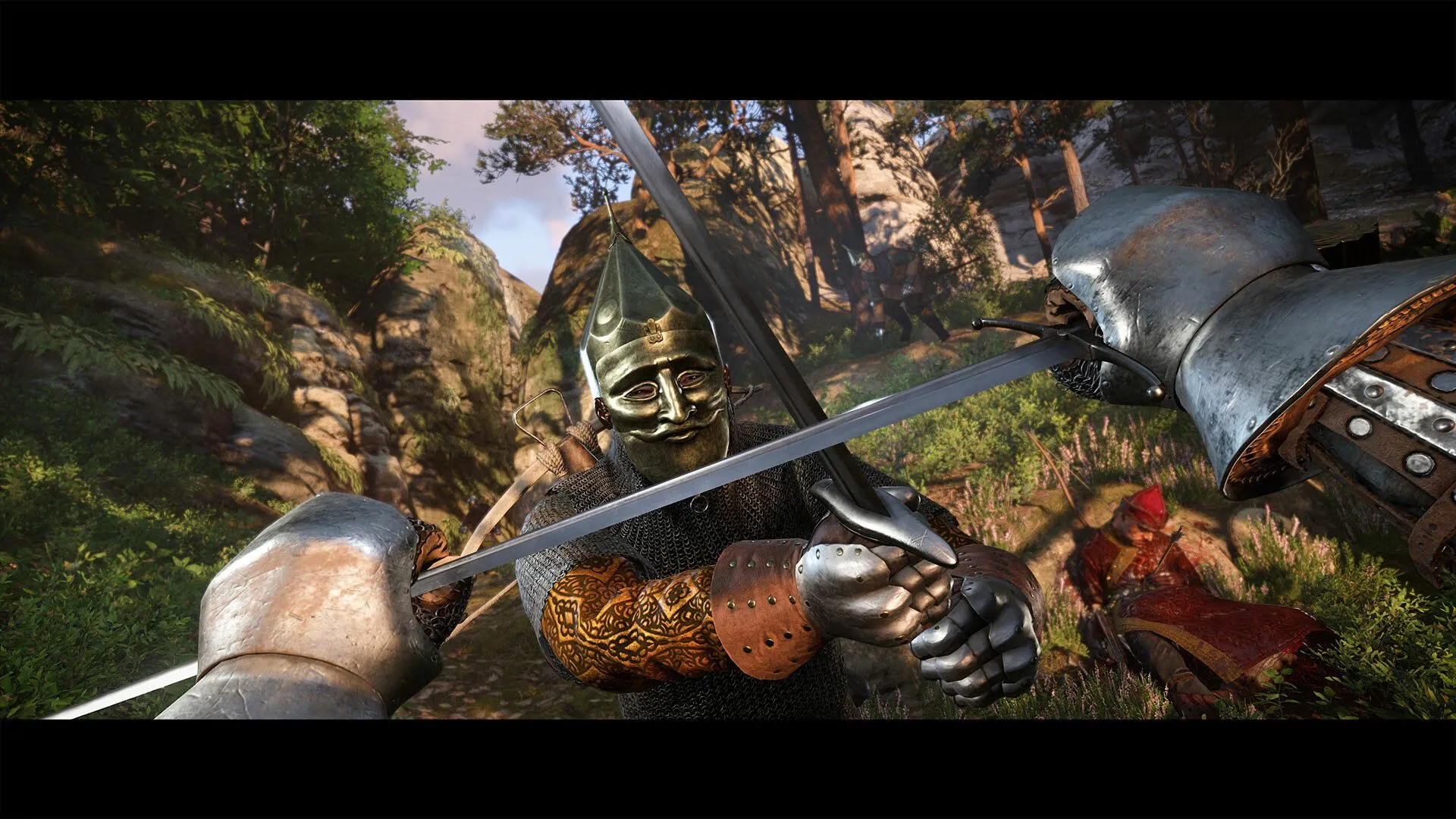 Hình ảnh Henry cùng một nhân vật khác trong Kingdom Come Deliverance 2, có thể đang chuẩn bị cho một cuộc chiến hoặc hành trình sắp tới, nổi bật với áo giáp và vũ khí.
