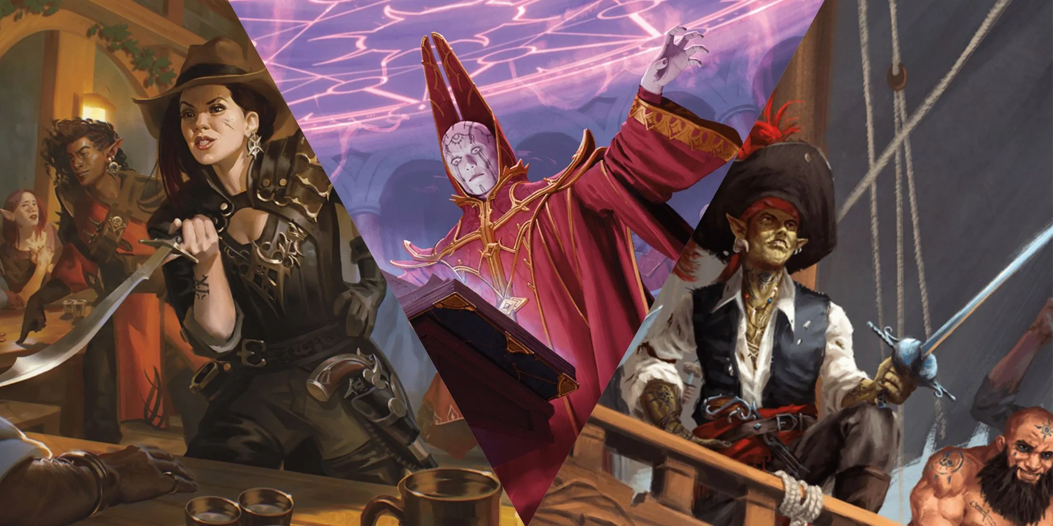 Hình ảnh minh họa các nhân vật như kẻ cướp, pháp sư, và cướp biển trong Dungeons &amp; Dragons