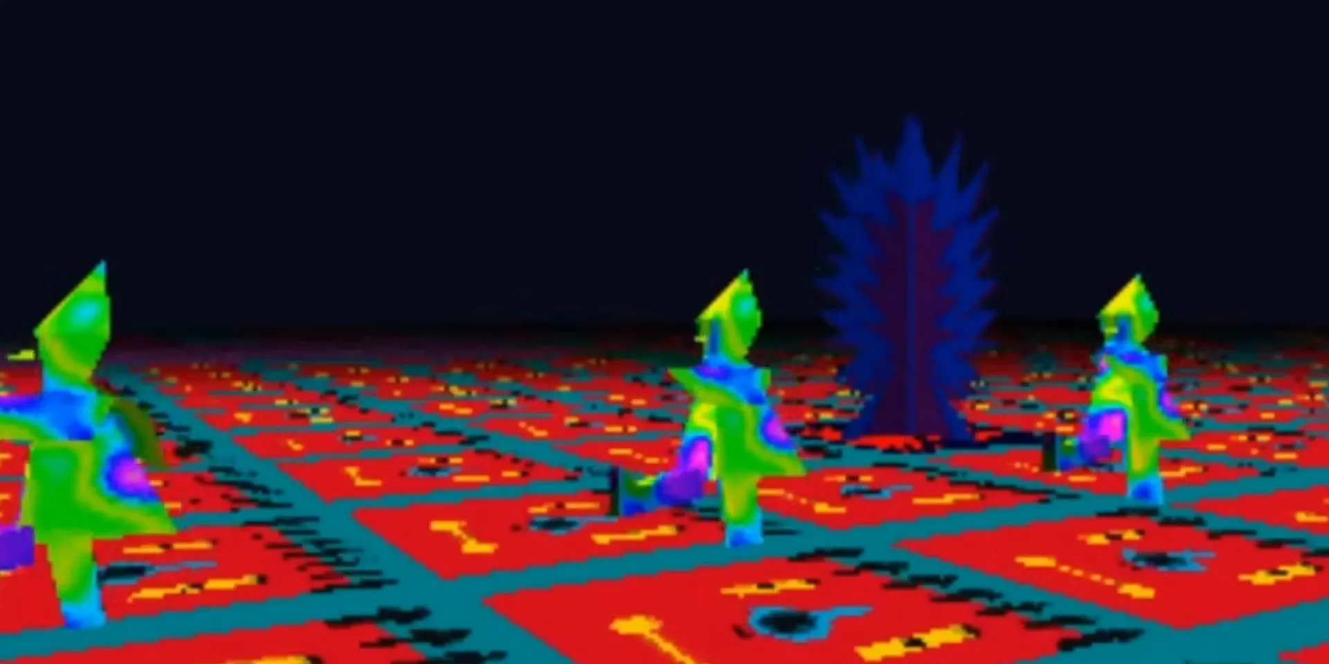 Hình ảnh mô tả các hình thù kỳ dị đang diễu hành trong game LSD Dream Emulator trên PS1.