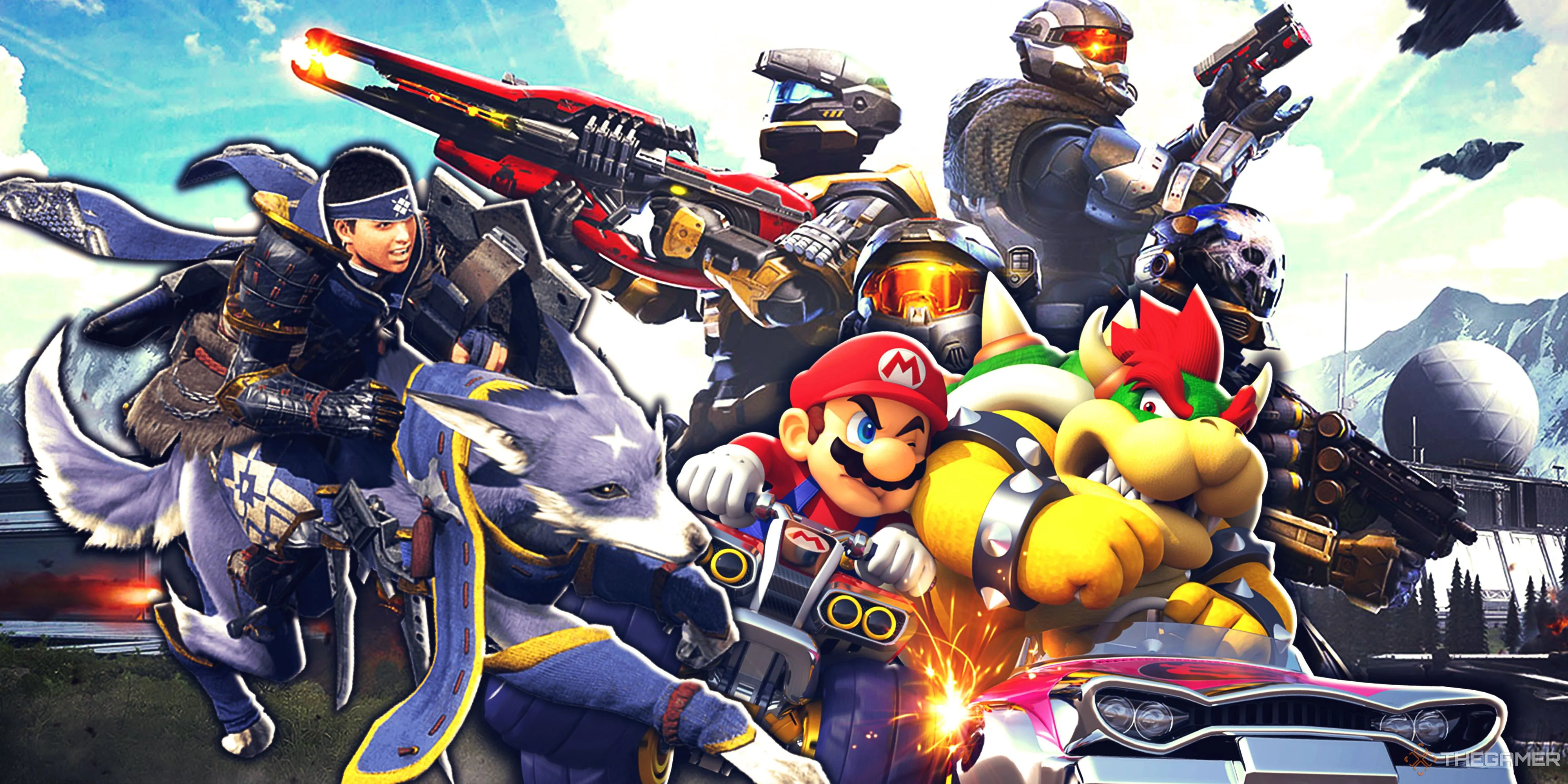 Hình ảnh tổng hợp các tựa game đình đám như Monster Hunter Rise, Halo Infinite và Mario Kart 8 Deluxe, minh họa sự đa dạng của game hiện đại.