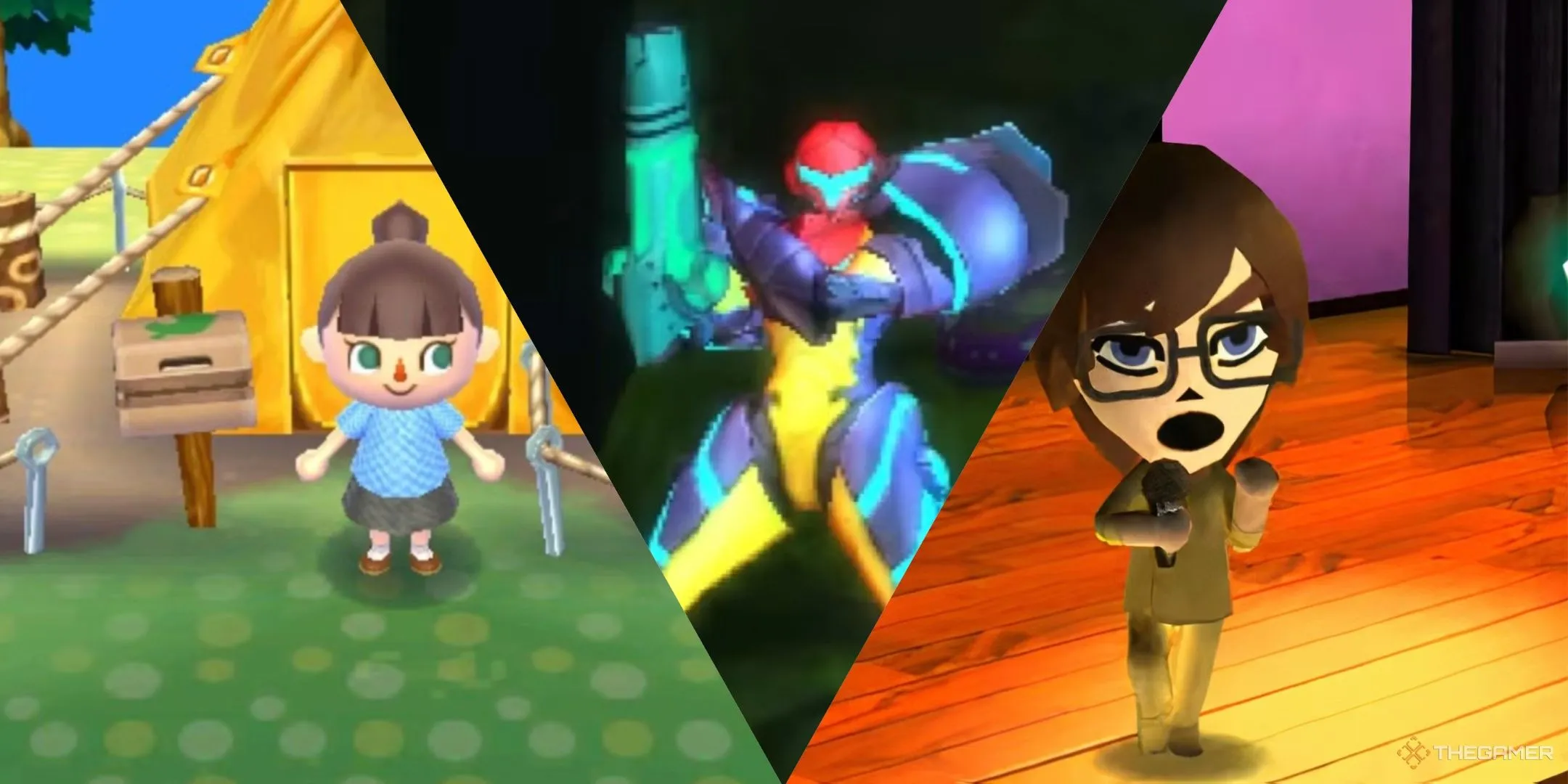 Hình ảnh tổng hợp các tựa game nổi bật trên Nintendo 3DS: Animal Crossing New Leaf, Metroid Samus Returns và Tomodachi Life.