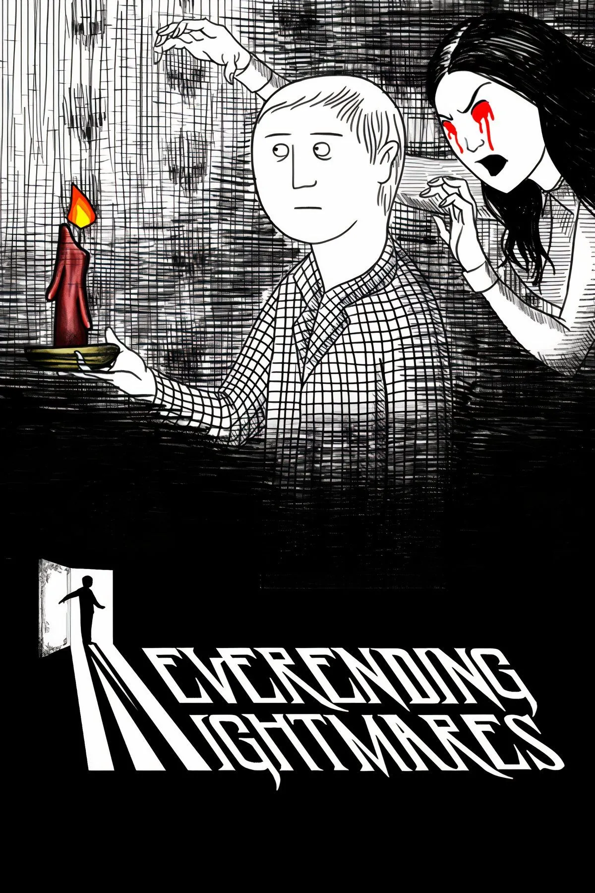 Hình ảnh trang bìa game Neverending Nightmares với phong cách vẽ tay đen trắng, thể hiện sự ám ảnh tâm lý