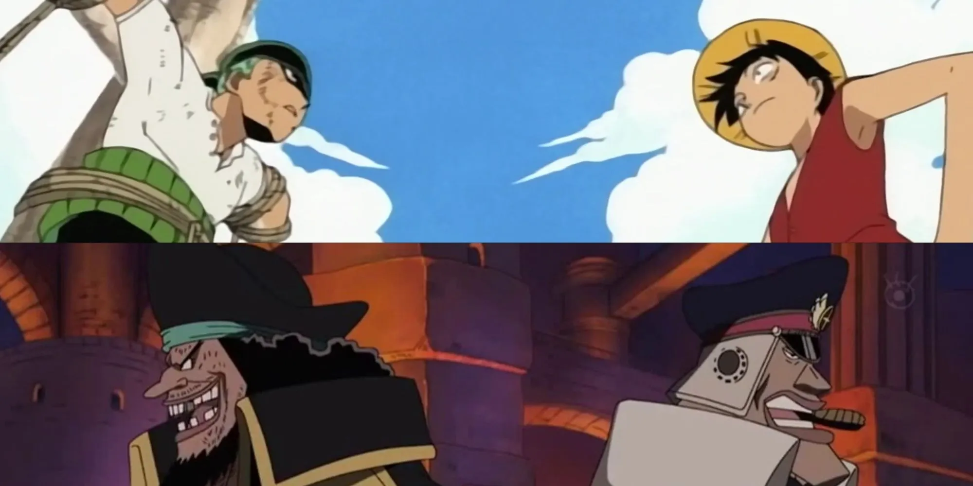 Hình ảnh Zoro và Luffy, cùng Shiryu và Blackbeard, đối lập giữa thiện và ác trong thế giới One Piece.