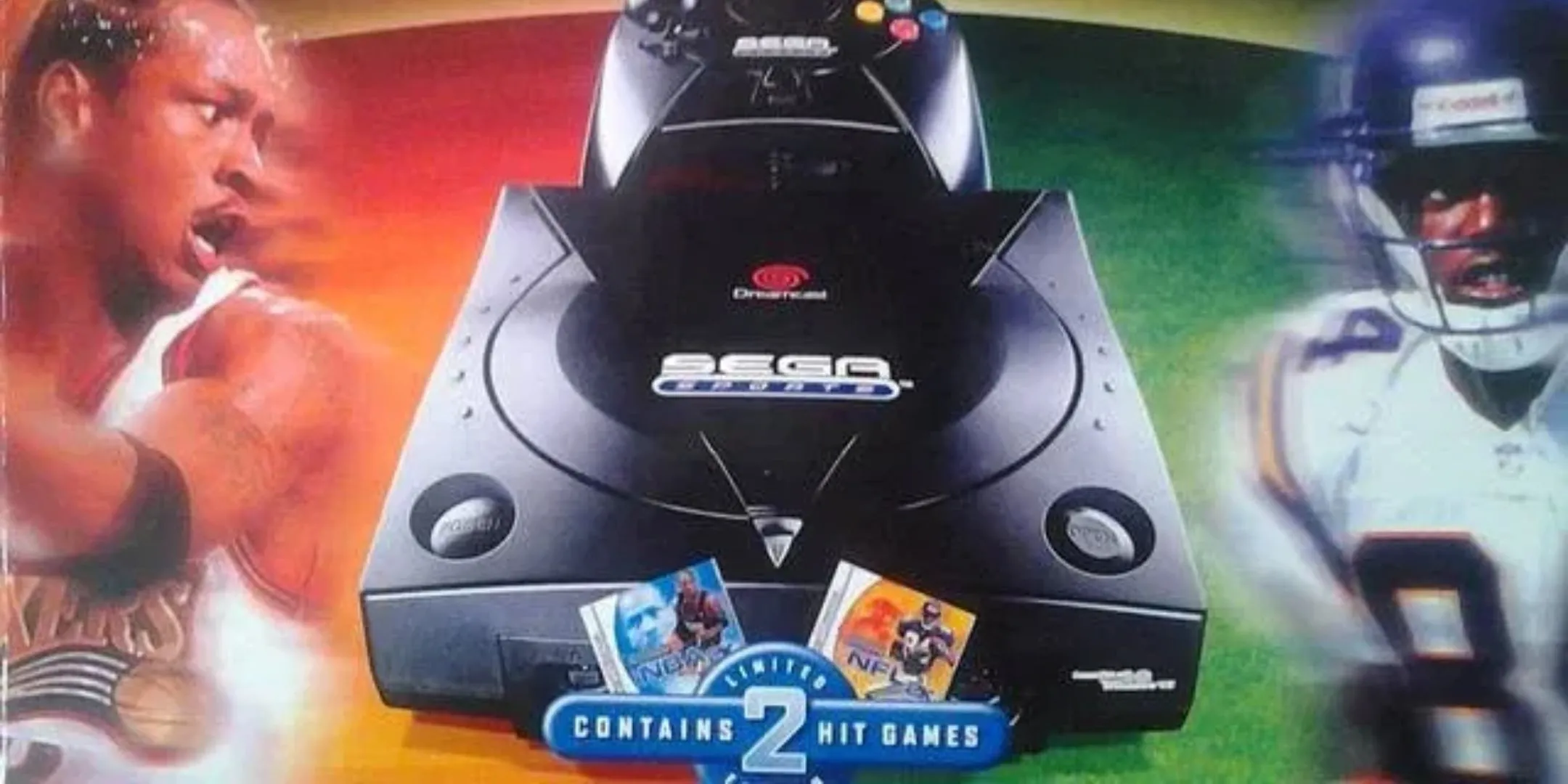 Hộp đựng máy Sega Dreamcast phiên bản Sega Sports màu đen, nổi bật với các vận động viên bóng rổ và bóng bầu dục