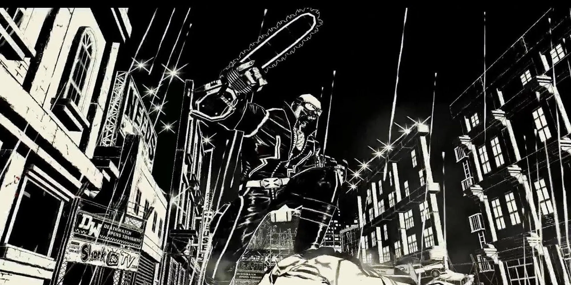 Jack Cayman với cưa máy đặc trưng trong tựa game MadWorld