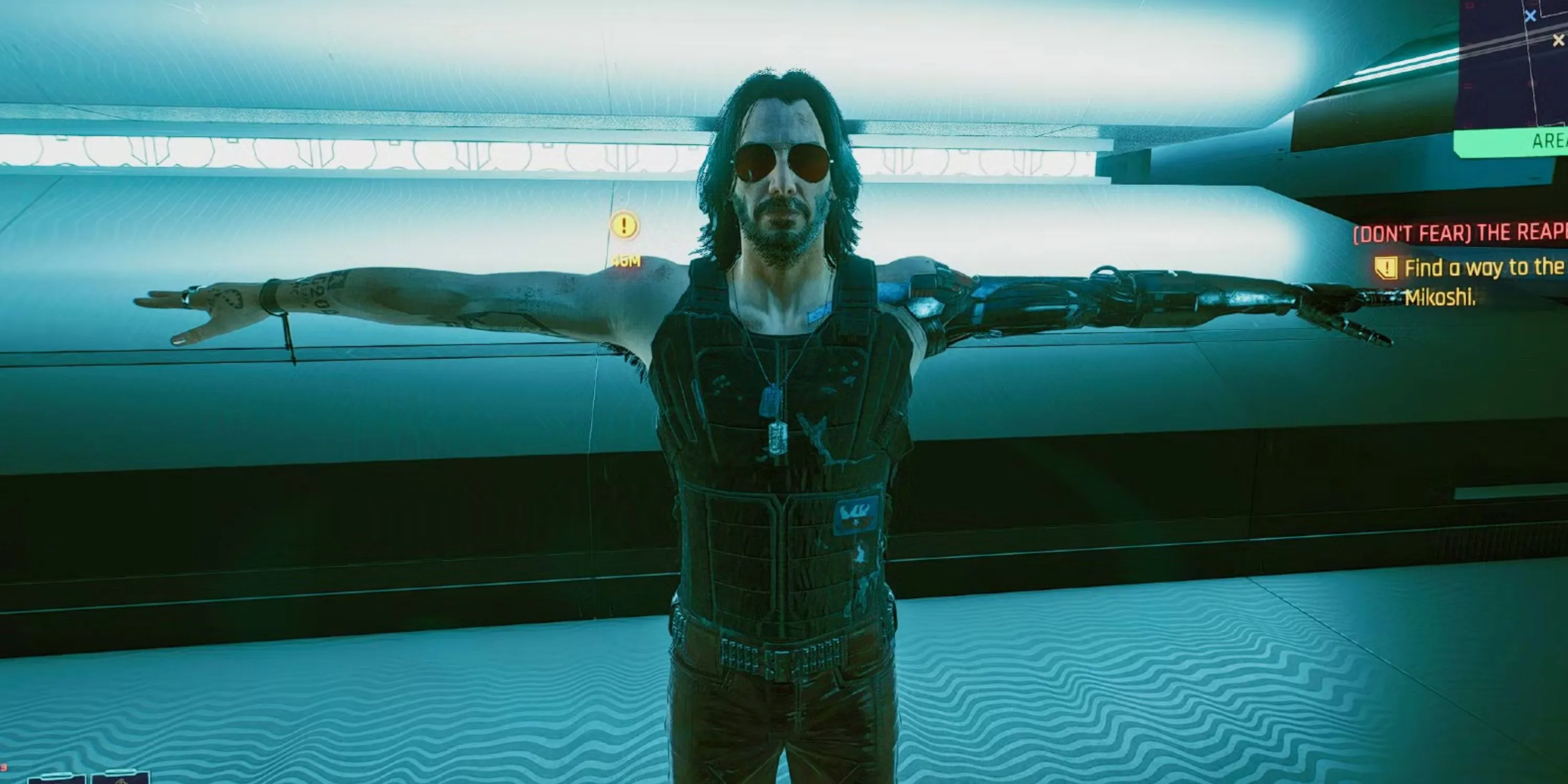 Johnny Silverhand tạo dáng T-pose trong thế giới Cyberpunk 2077