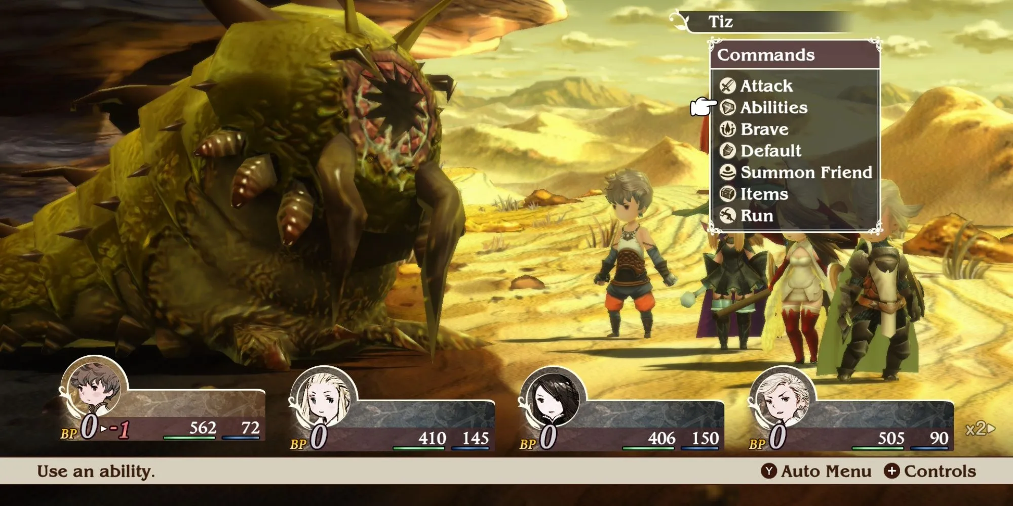 Khoảnh khắc chiến đấu theo lượt trong Bravely Default Flying Fairy HD Remaster, hiển thị giao diện Brave Default