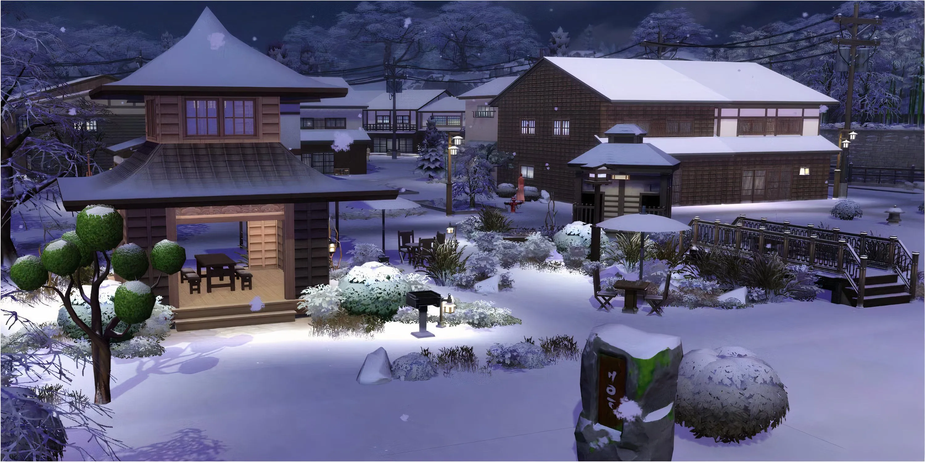 Khu nhà thuê Kiyomatsu Vacation Rental ấm cúng tại Mt. Komorebi, The Sims 4, với cảnh quan tuyết trắng.
