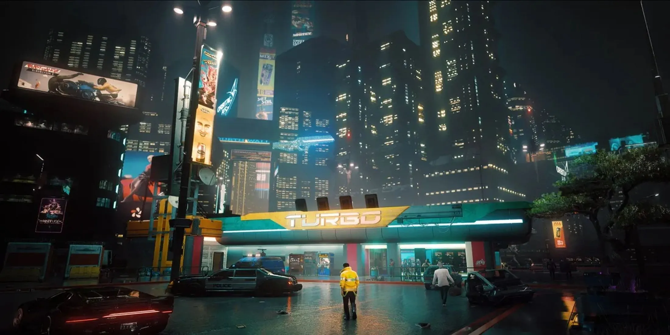 Khung cảnh Night City với kiến trúc cyberpunk và hiệu ứng ánh sáng chân thực trong Cyberpunk 2077