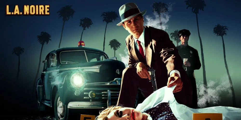 L.A. Noire: Cole Phelps tại hiện trường vụ án với xe cảnh sát và sĩ quan phía sau