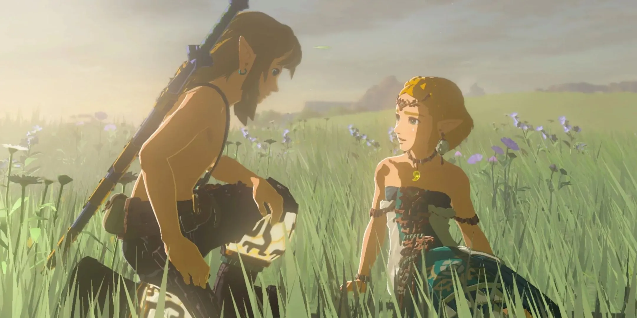 Link quỳ gối bên cạnh Zelda giữa cánh đồng hoa trong The Legend of Zelda: Tears of the Kingdom