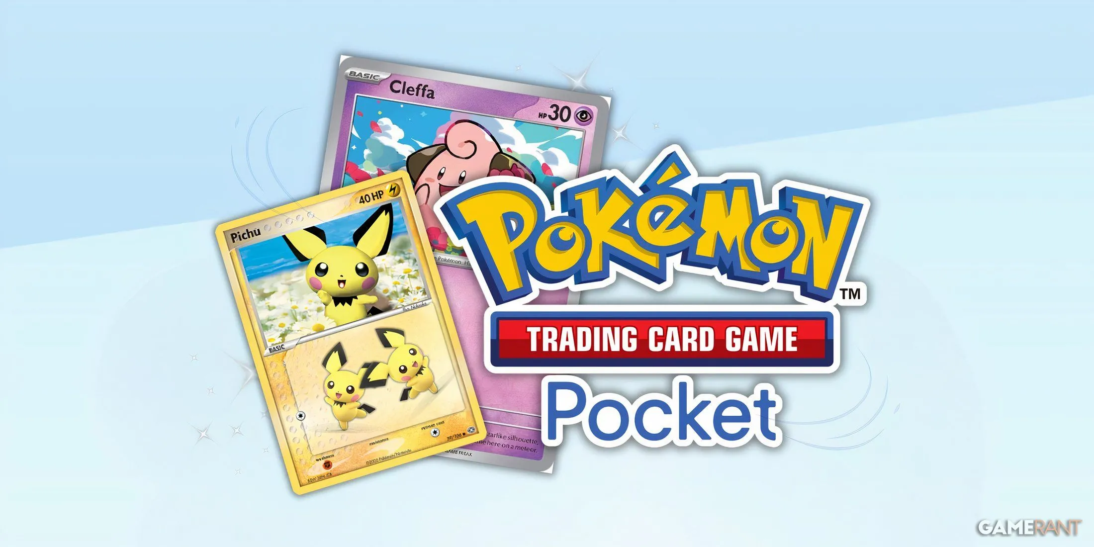 Logo Pokemon TCG Pocket cùng thẻ bài Pokemon Pichu và Cleffa, minh họa quà tặng Pack Hourglasses miễn phí