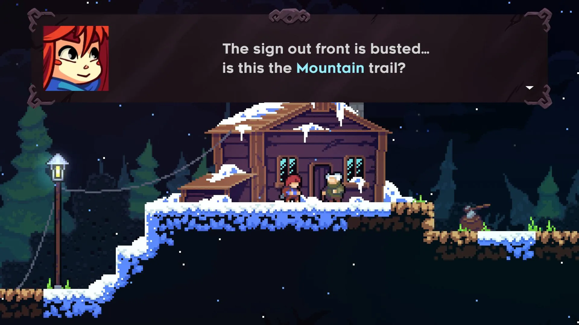 Madeline trong cảnh đầu tiên của game Celeste
